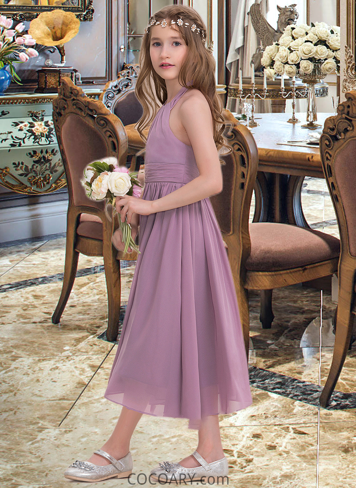 Tiana A-Line Halter Tea-Length Chiffon Junior Bridesmaid Dress With Ruffle DA8P0013616