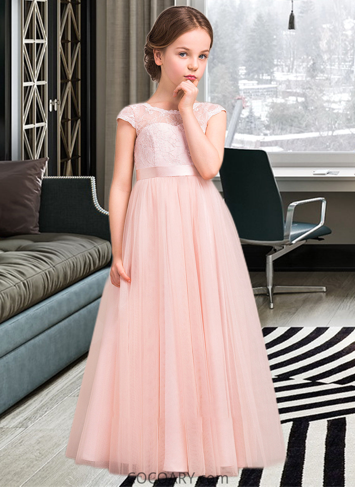 Zara A-Line Scoop Neck Floor-Length Tulle Lace Junior Bridesmaid Dress With Bow(s) DA8P0013619