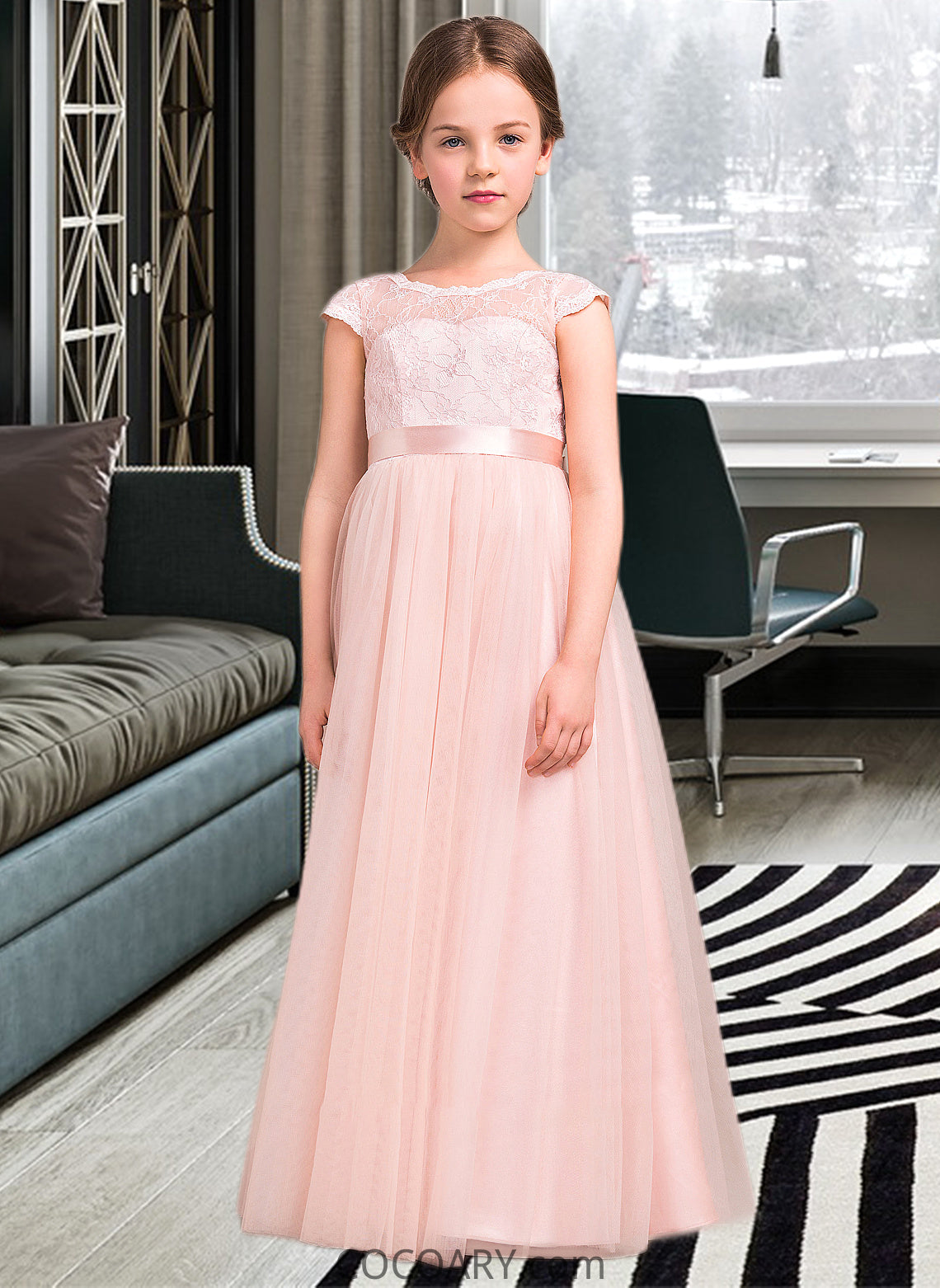 Zara A-Line Scoop Neck Floor-Length Tulle Lace Junior Bridesmaid Dress With Bow(s) DA8P0013619