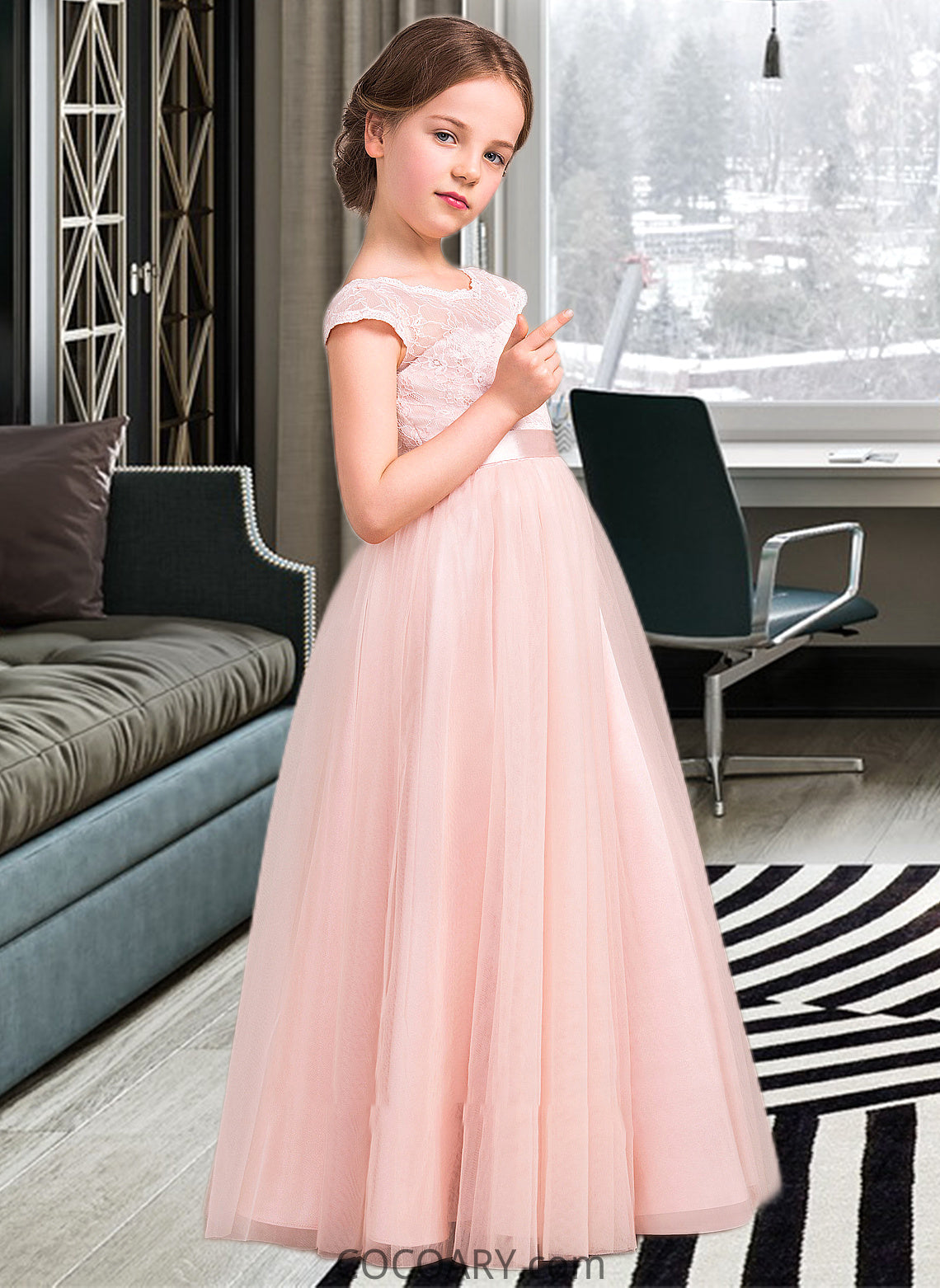 Zara A-Line Scoop Neck Floor-Length Tulle Lace Junior Bridesmaid Dress With Bow(s) DA8P0013619