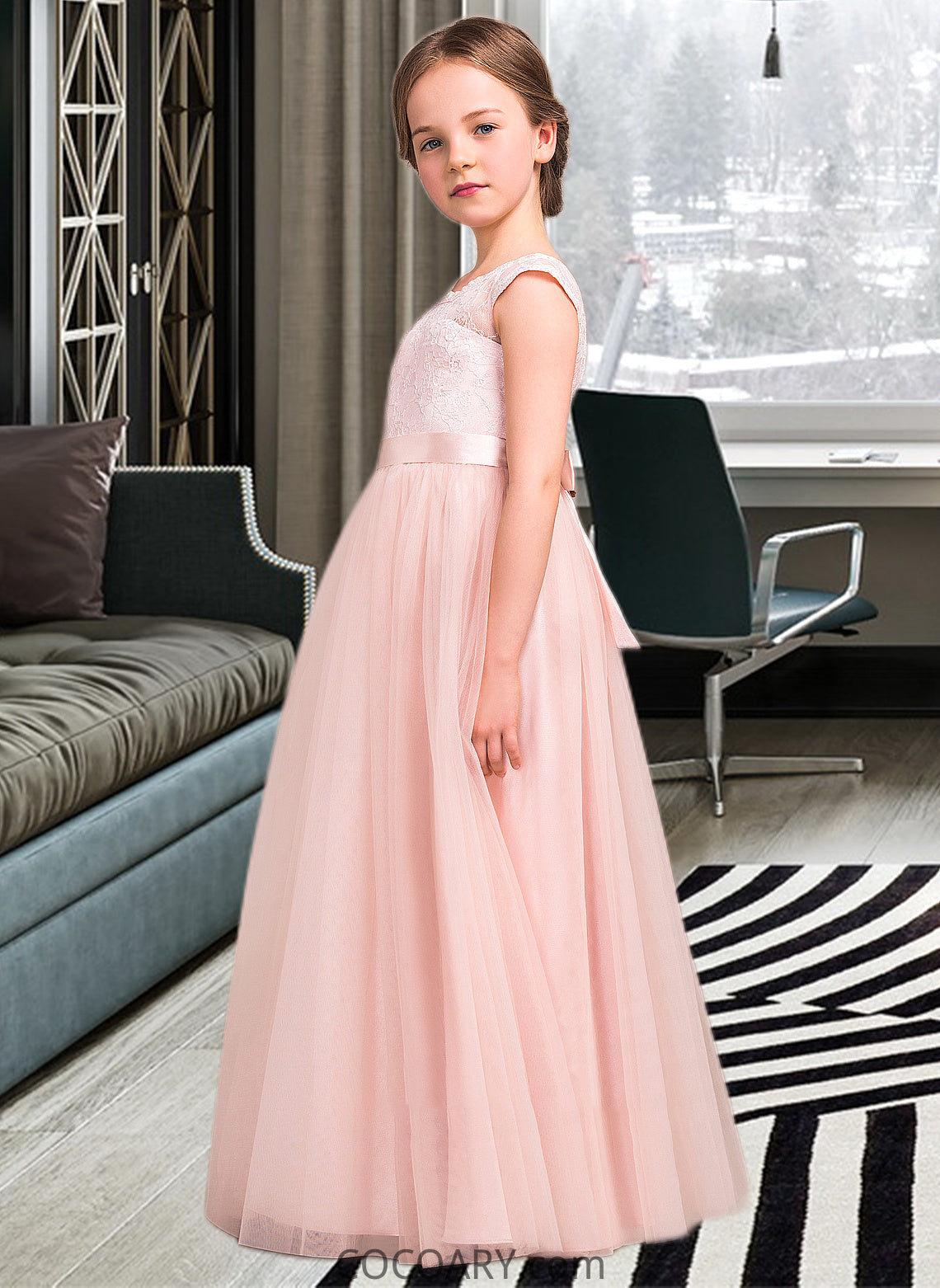 Zara A-Line Scoop Neck Floor-Length Tulle Lace Junior Bridesmaid Dress With Bow(s) DA8P0013619