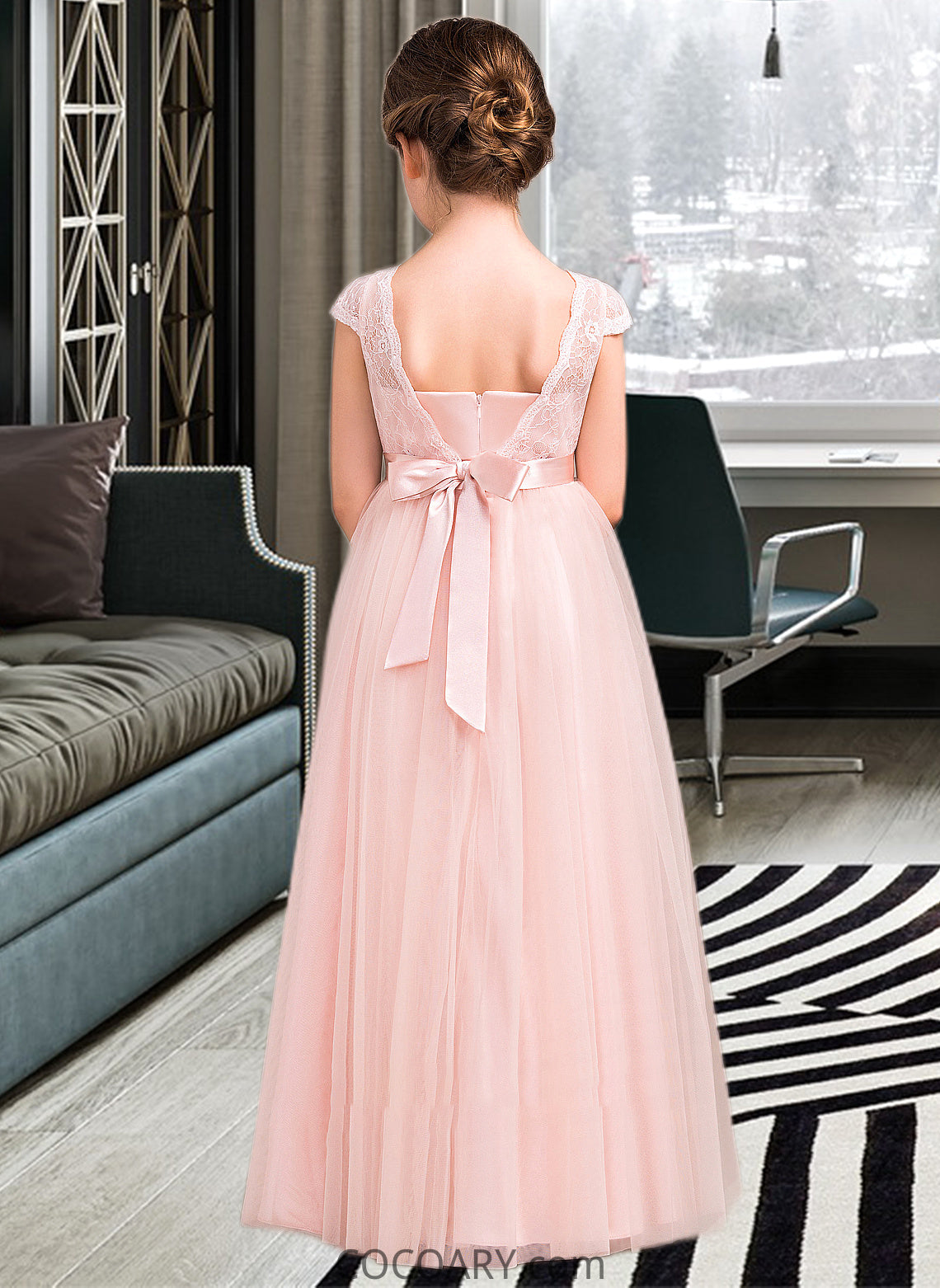 Zara A-Line Scoop Neck Floor-Length Tulle Lace Junior Bridesmaid Dress With Bow(s) DA8P0013619