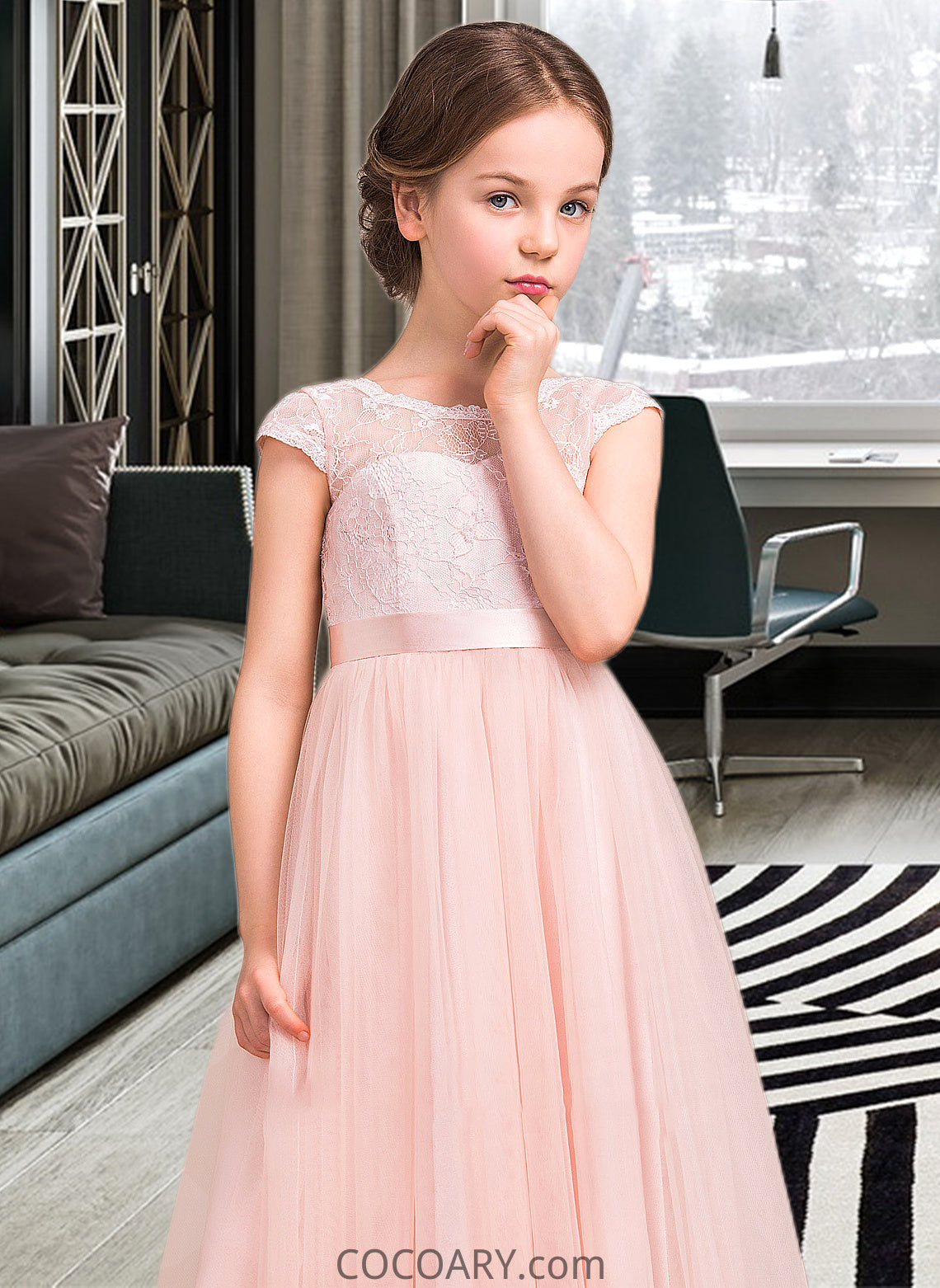 Zara A-Line Scoop Neck Floor-Length Tulle Lace Junior Bridesmaid Dress With Bow(s) DA8P0013619