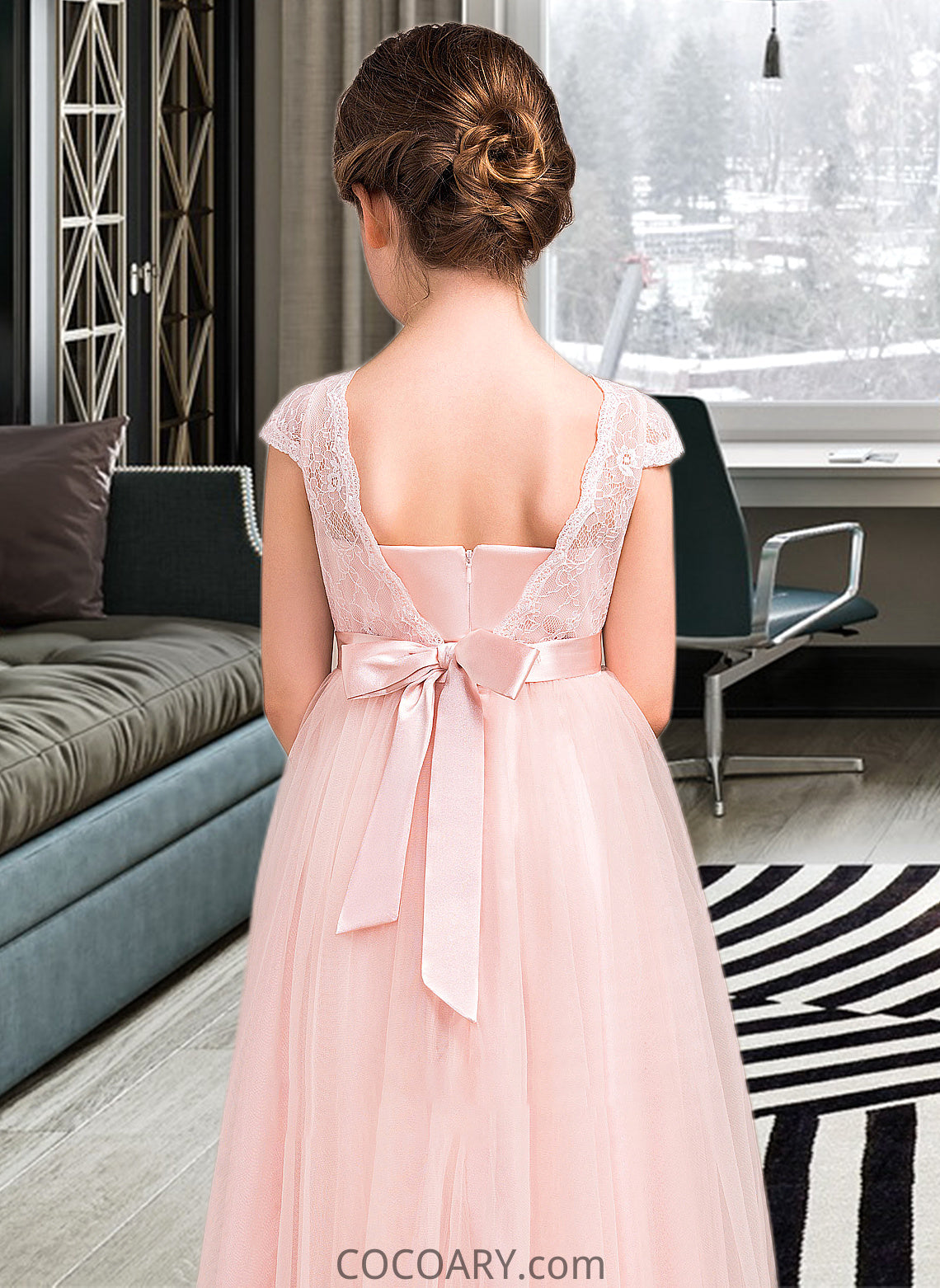 Zara A-Line Scoop Neck Floor-Length Tulle Lace Junior Bridesmaid Dress With Bow(s) DA8P0013619