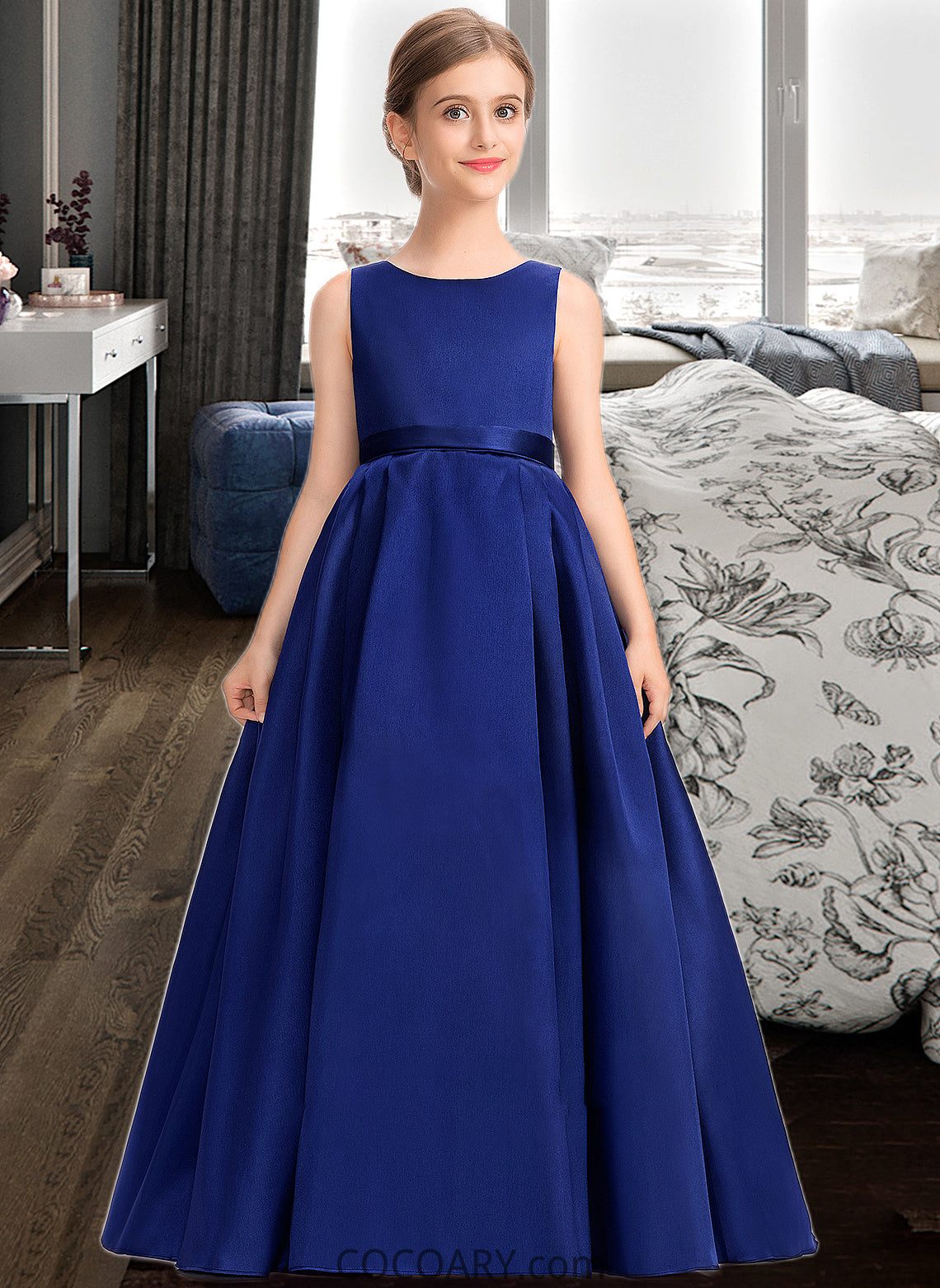 Sasha Ball-Gown/Princess Scoop Neck Sweep Train Satin Junior Bridesmaid Dress With Bow(s) DA8P0013628