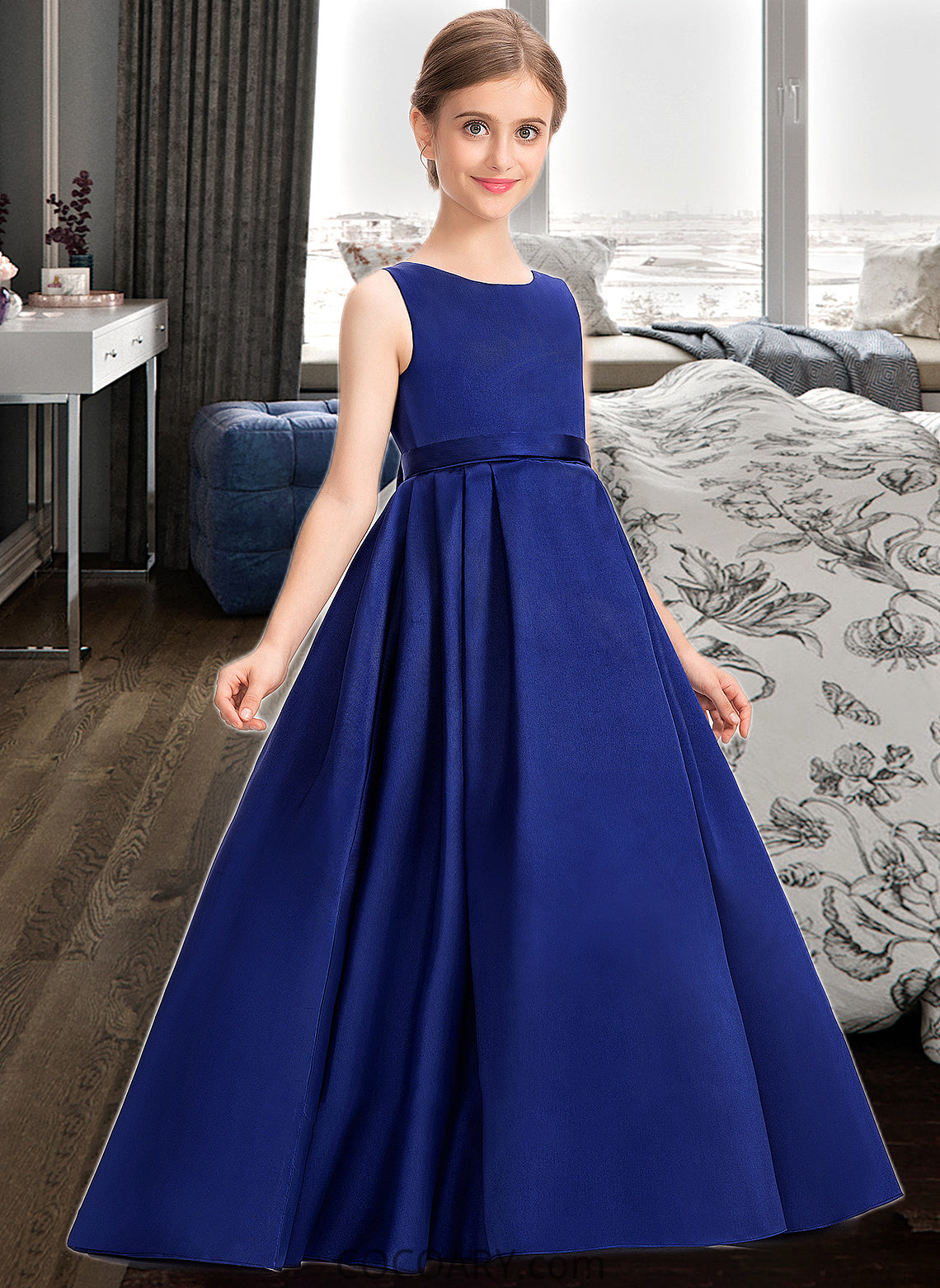 Sasha Ball-Gown/Princess Scoop Neck Sweep Train Satin Junior Bridesmaid Dress With Bow(s) DA8P0013628