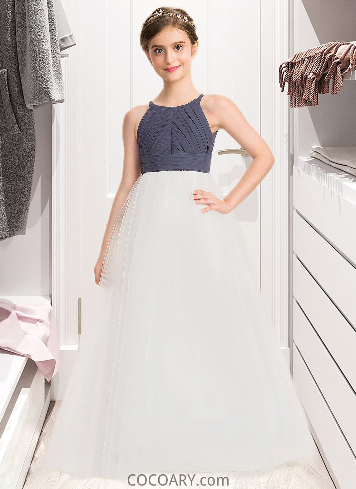 Kelsey A-Line Scoop Neck Floor-Length Chiffon Tulle Junior Bridesmaid Dress With Ruffle DA8P0013629