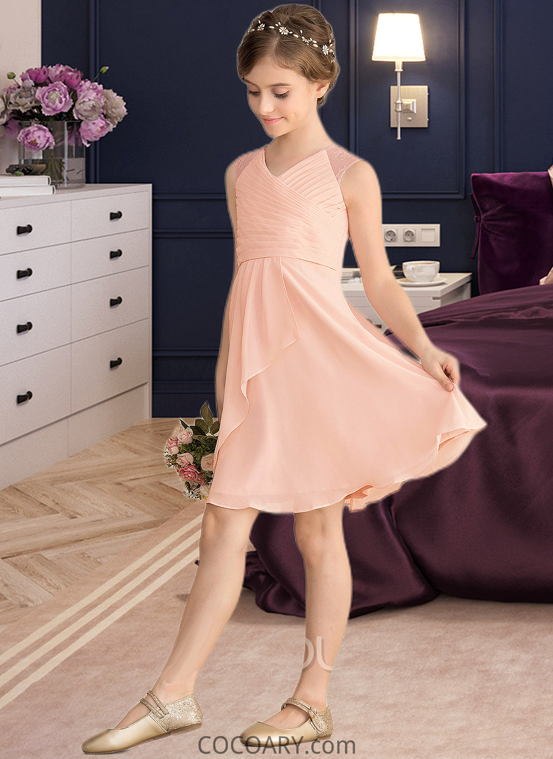 Camille A-Line V-neck Knee-Length Chiffon Lace Junior Bridesmaid Dress With Cascading Ruffles DA8P0013630