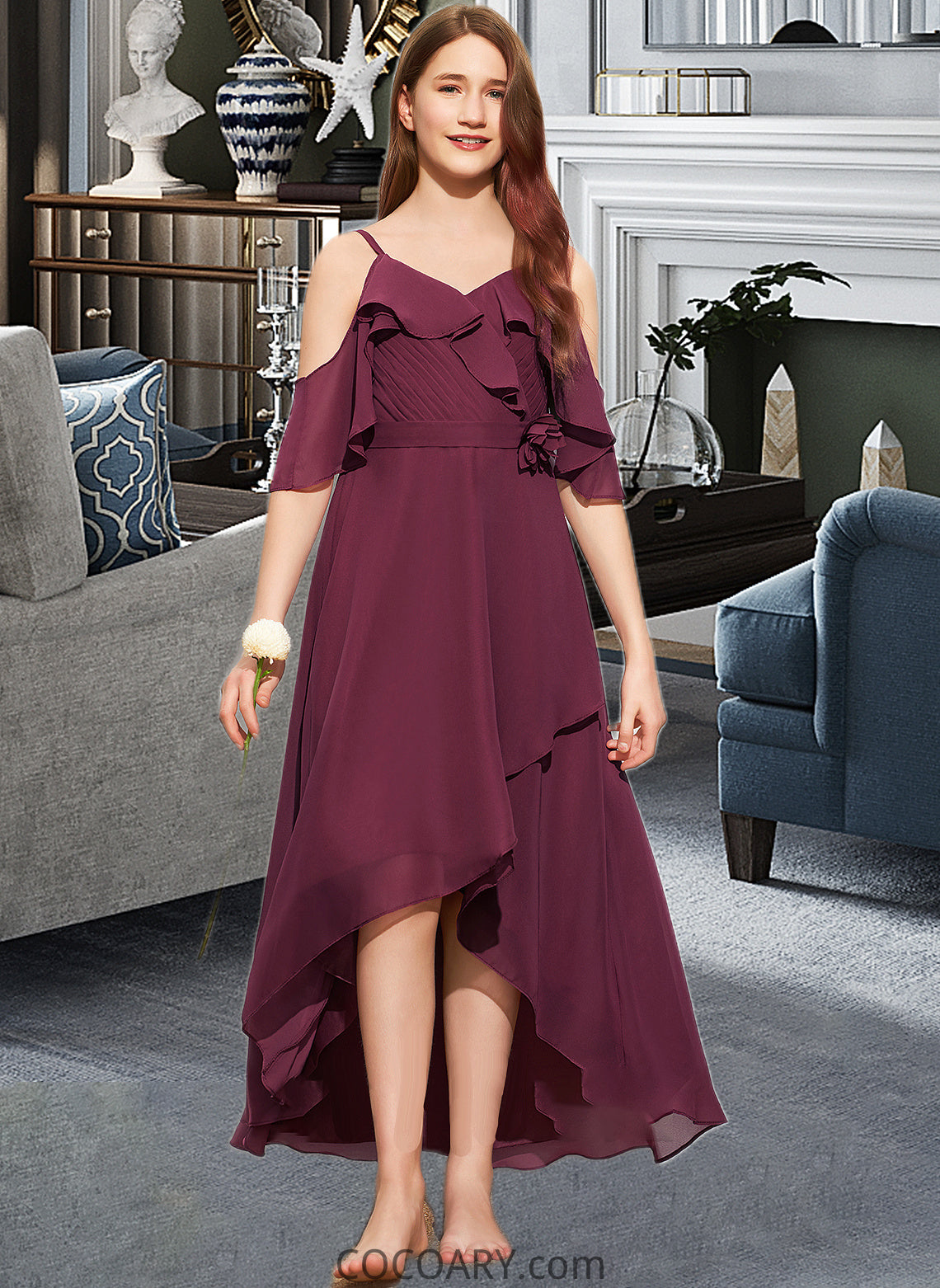 Allisson A-Line Off-the-Shoulder Asymmetrical Chiffon Junior Bridesmaid Dress With Cascading Ruffles DA8P0013636