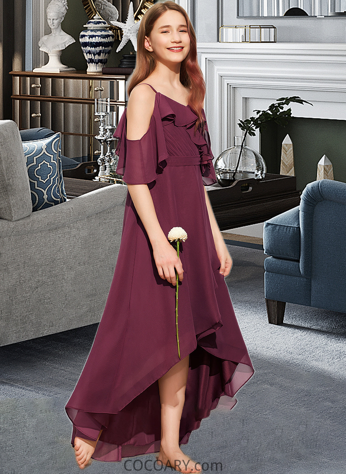 Allisson A-Line Off-the-Shoulder Asymmetrical Chiffon Junior Bridesmaid Dress With Cascading Ruffles DA8P0013636