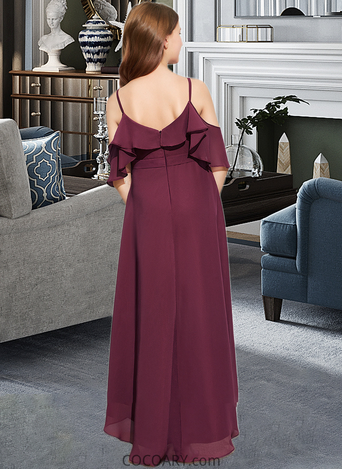 Allisson A-Line Off-the-Shoulder Asymmetrical Chiffon Junior Bridesmaid Dress With Cascading Ruffles DA8P0013636