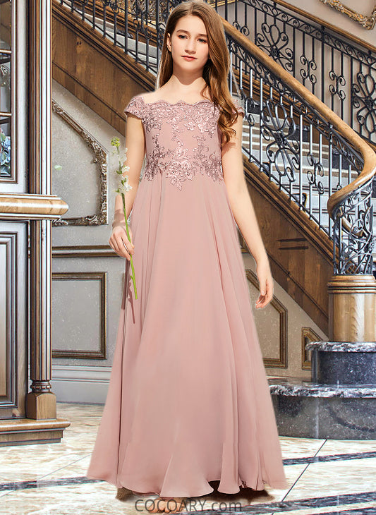 Faith A-Line Off-the-Shoulder Floor-Length Chiffon Lace Junior Bridesmaid Dress DA8P0013640