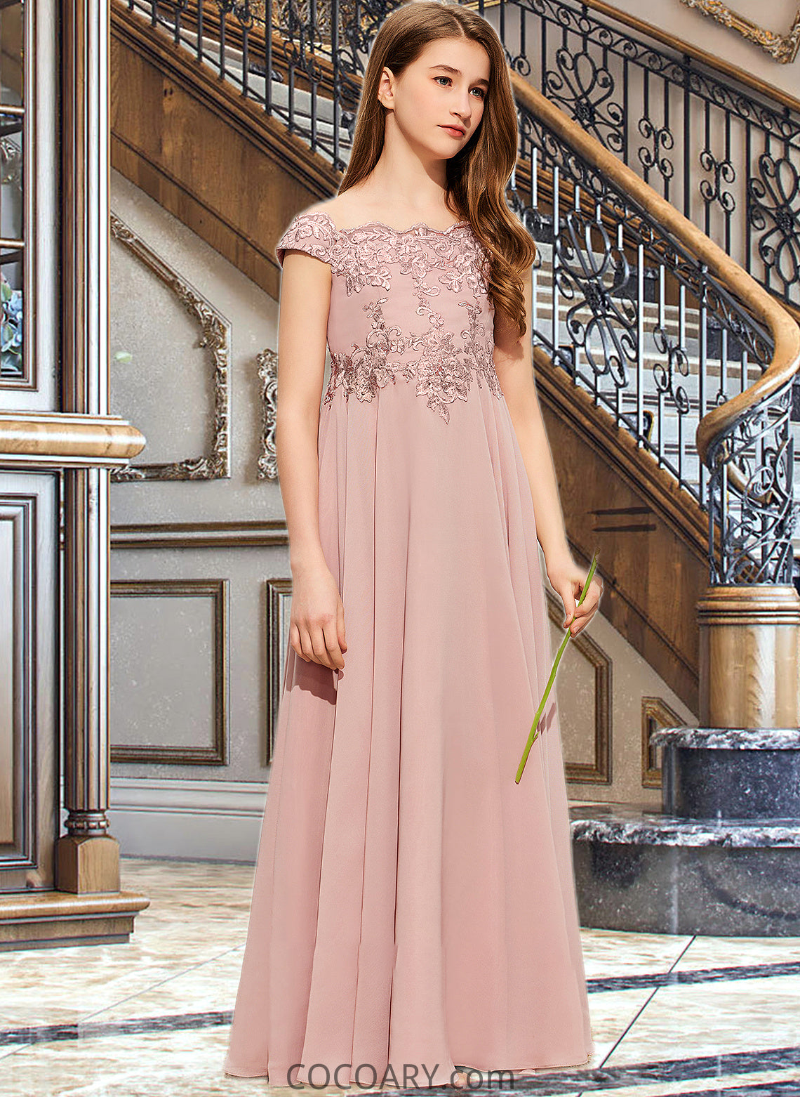 Faith A-Line Off-the-Shoulder Floor-Length Chiffon Lace Junior Bridesmaid Dress DA8P0013640