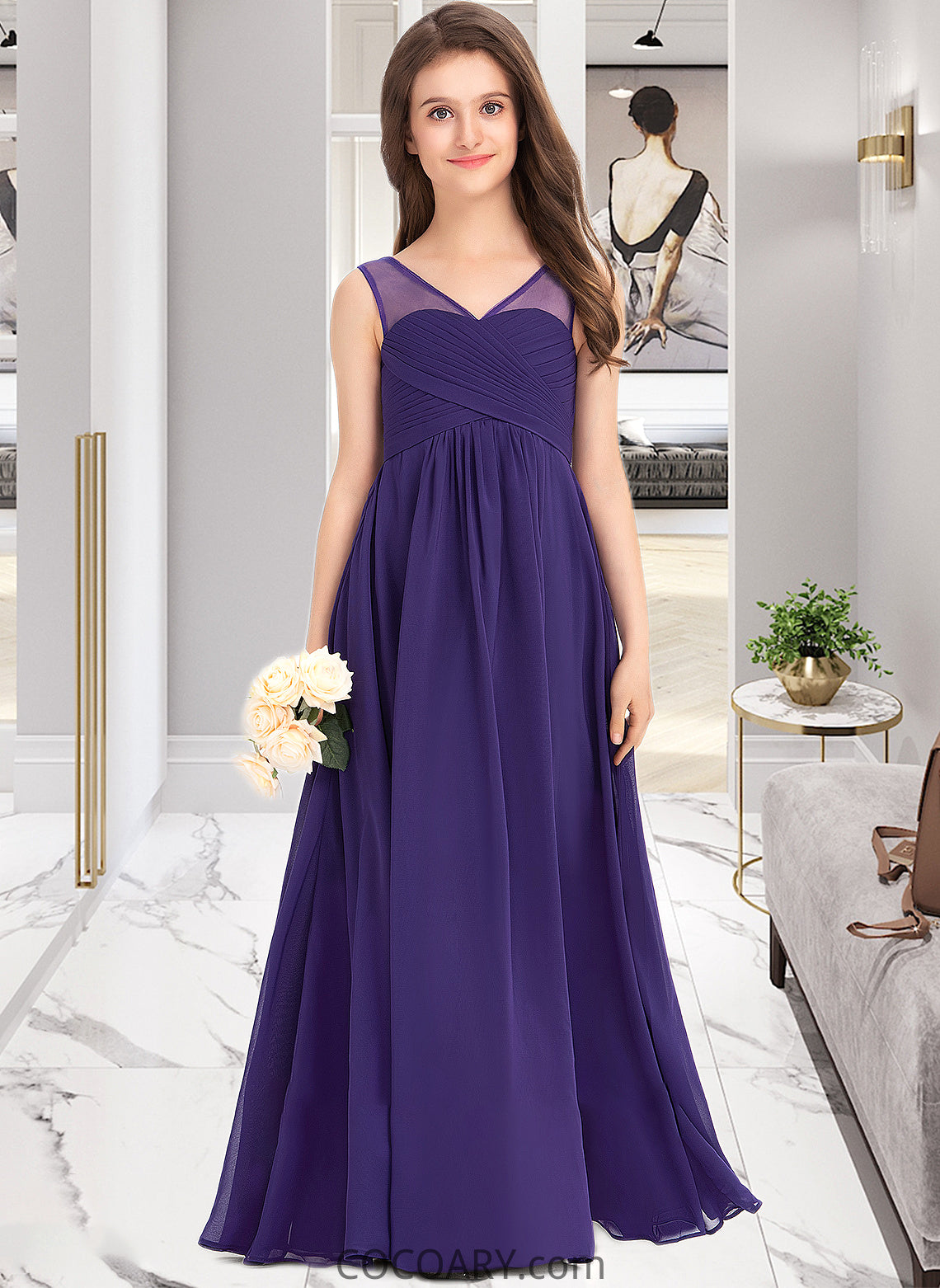 Irene A-Line V-neck Floor-Length Chiffon Junior Bridesmaid Dress With Ruffle DA8P0013642