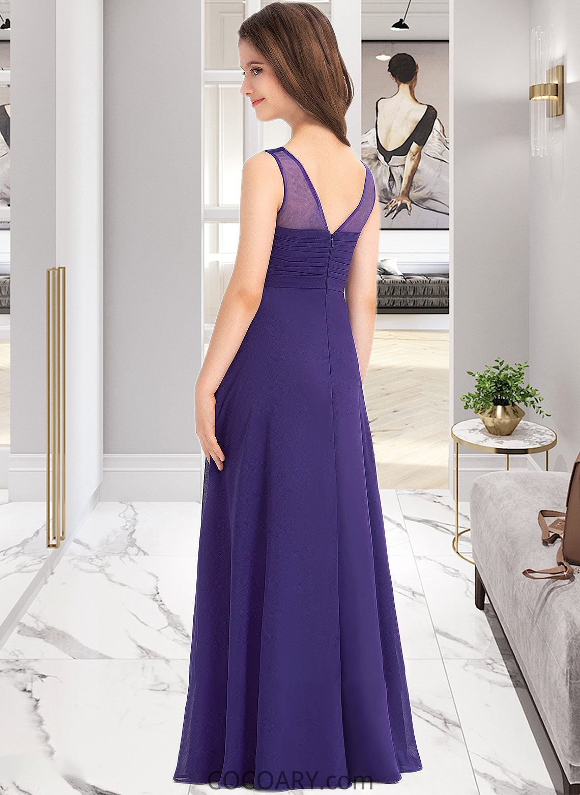 Irene A-Line V-neck Floor-Length Chiffon Junior Bridesmaid Dress With Ruffle DA8P0013642