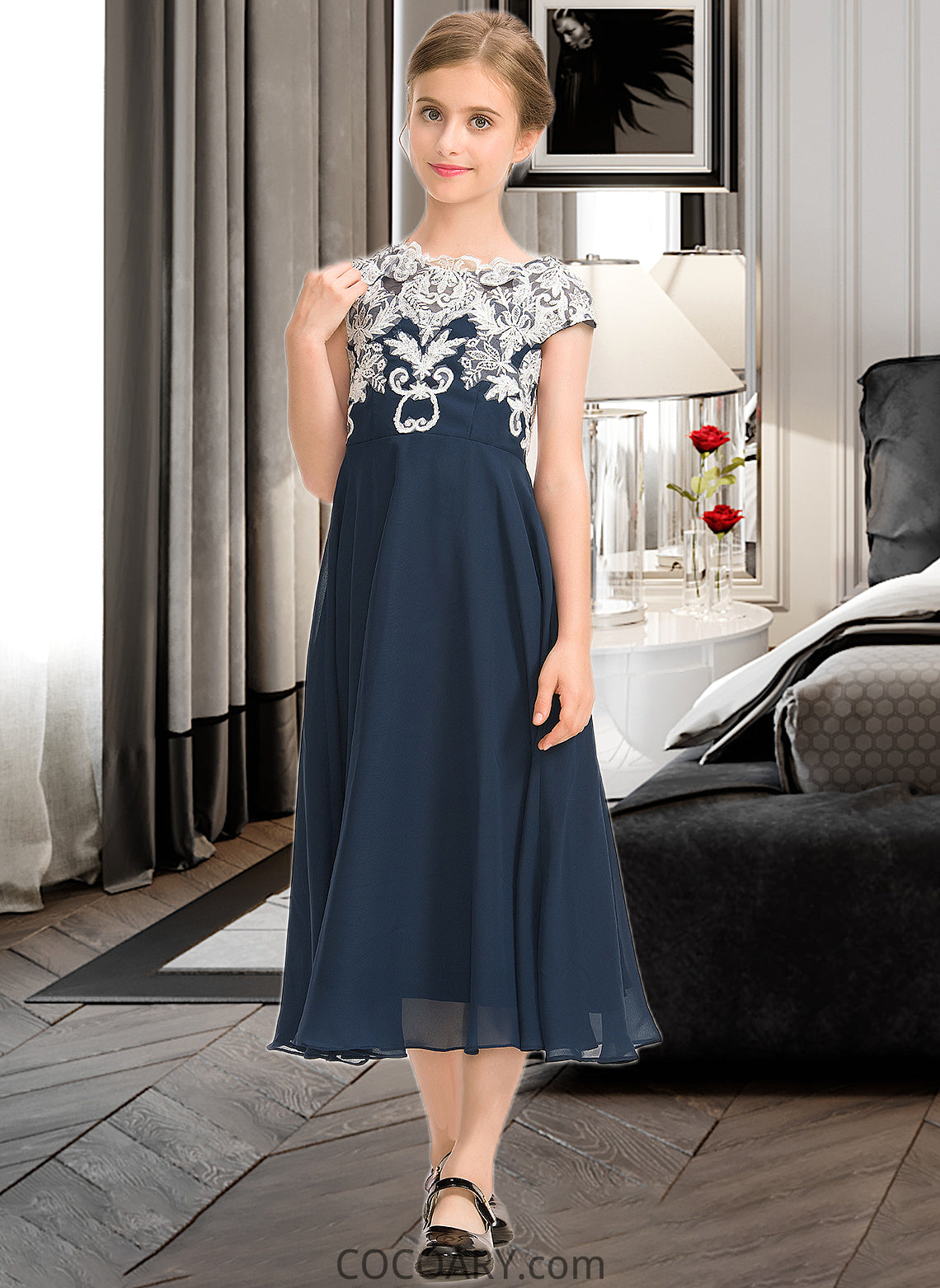 Mignon A-Line Scoop Neck Tea-Length Chiffon Lace Junior Bridesmaid Dress DA8P0013643