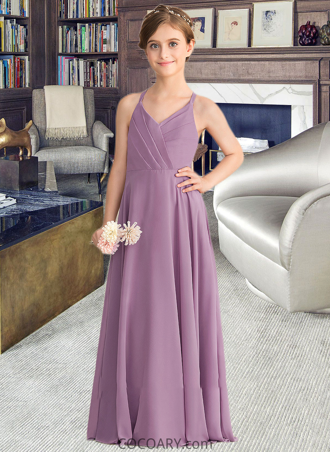 Mayra A-Line V-neck Floor-Length Chiffon Junior Bridesmaid Dress With Cascading Ruffles DA8P0013644