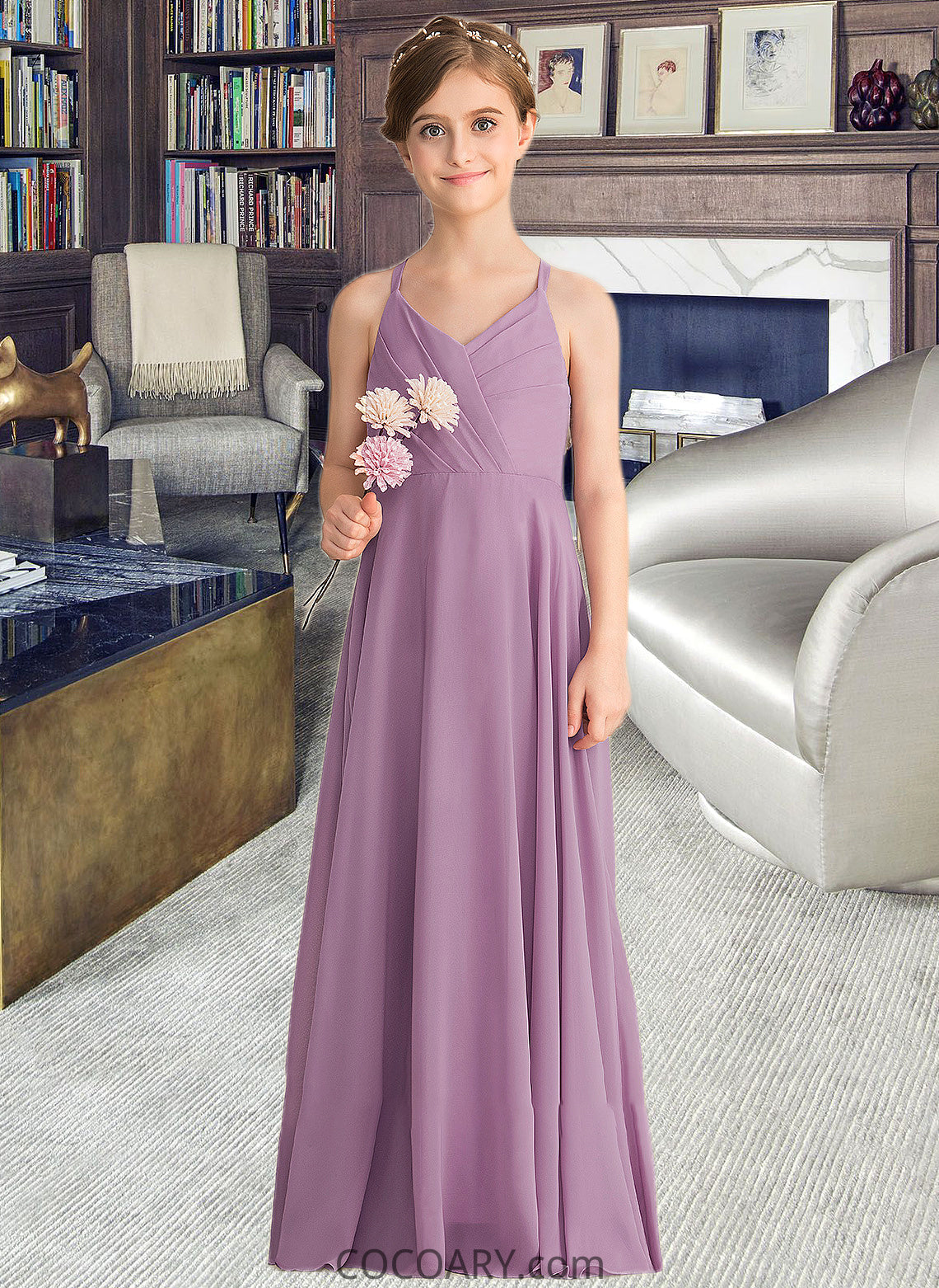 Mayra A-Line V-neck Floor-Length Chiffon Junior Bridesmaid Dress With Cascading Ruffles DA8P0013644