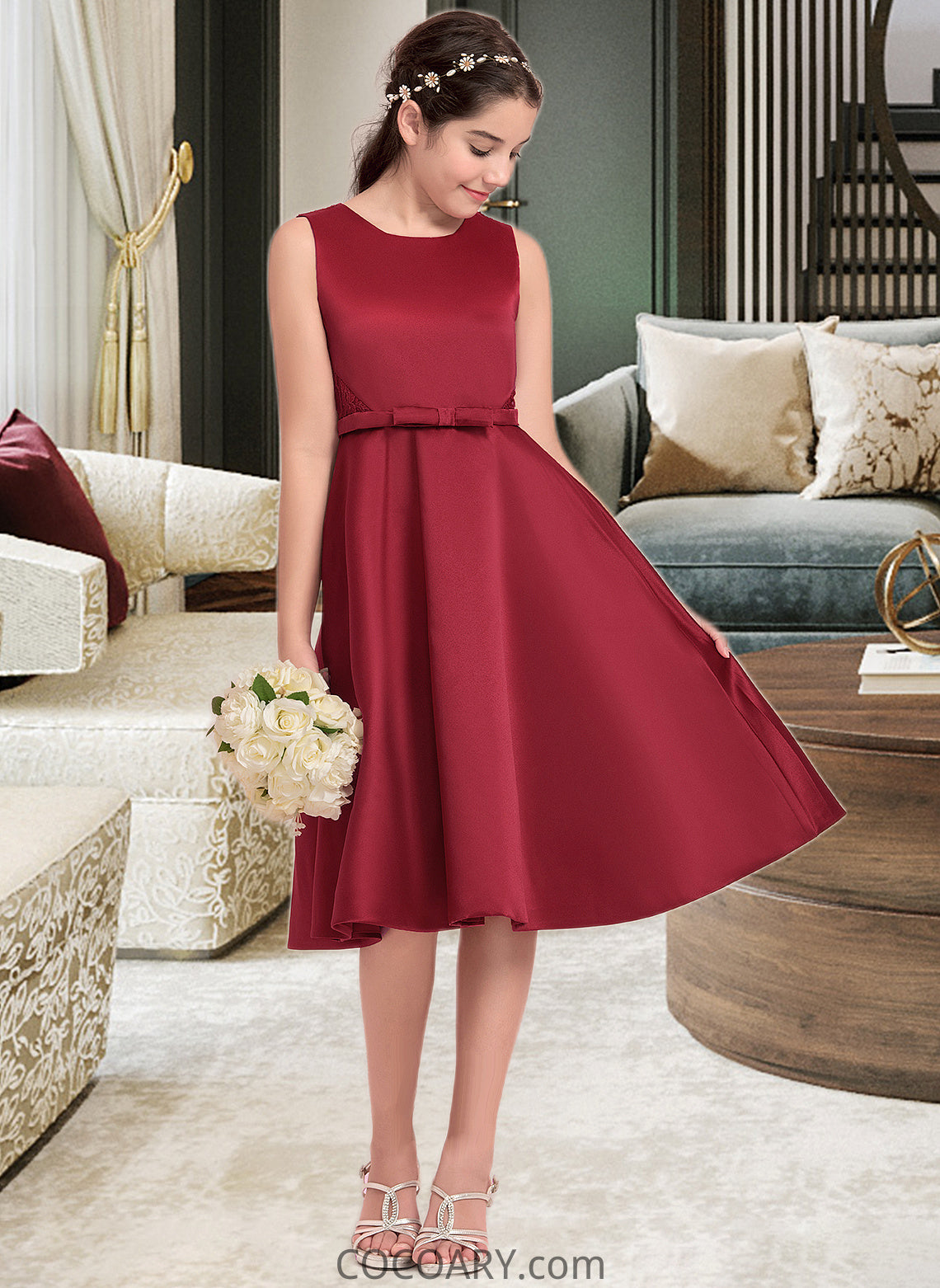 Kathleen A-Line Scoop Neck Knee-Length Satin Junior Bridesmaid Dress With Lace Bow(s) DA8P0013646