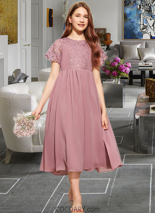 Isla A-Line Scoop Neck Tea-Length Chiffon Lace Junior Bridesmaid Dress DA8P0013648