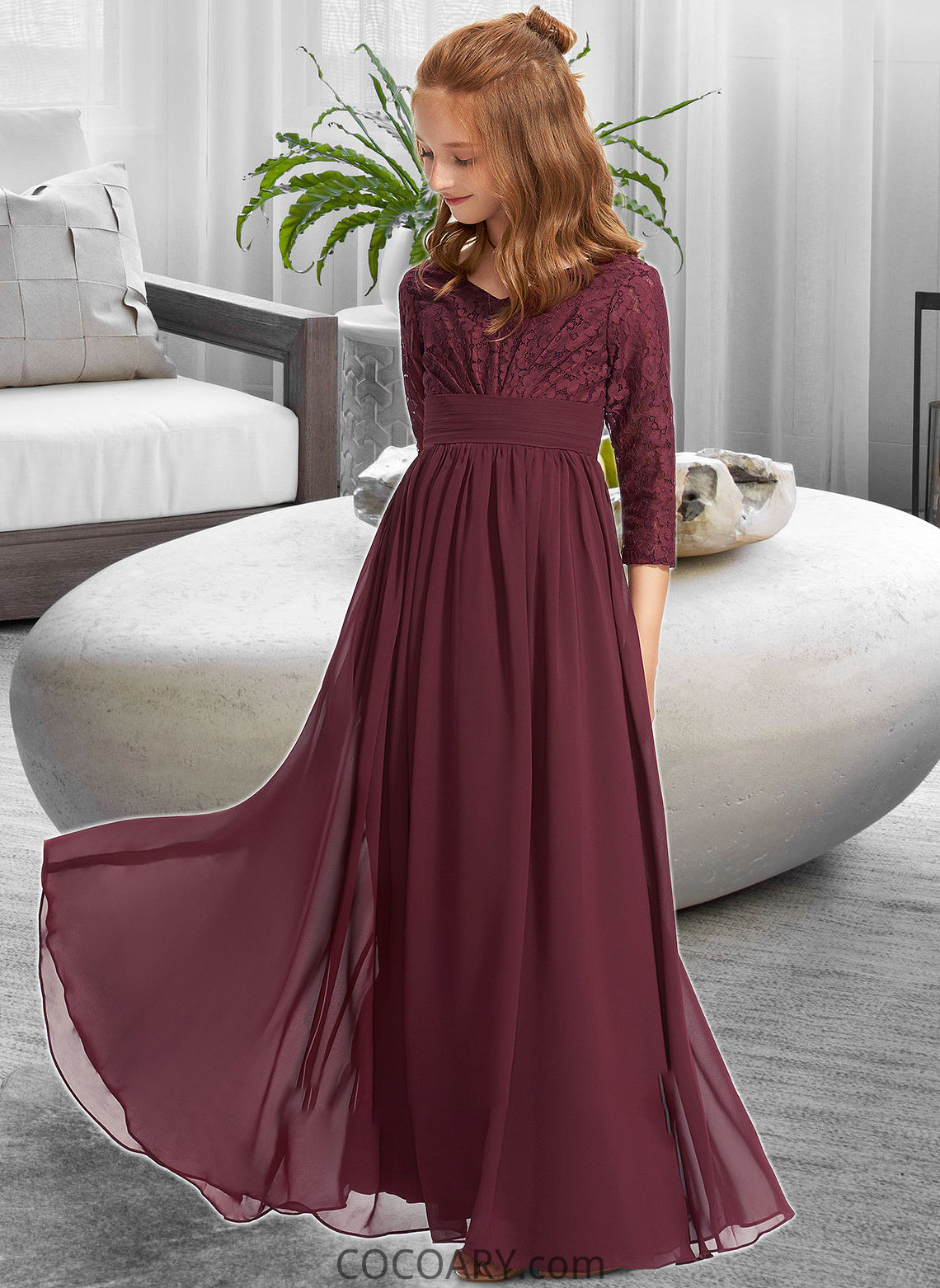 Ayana A-Line V-neck Floor-Length Chiffon Lace Junior Bridesmaid Dress DA8P0013652