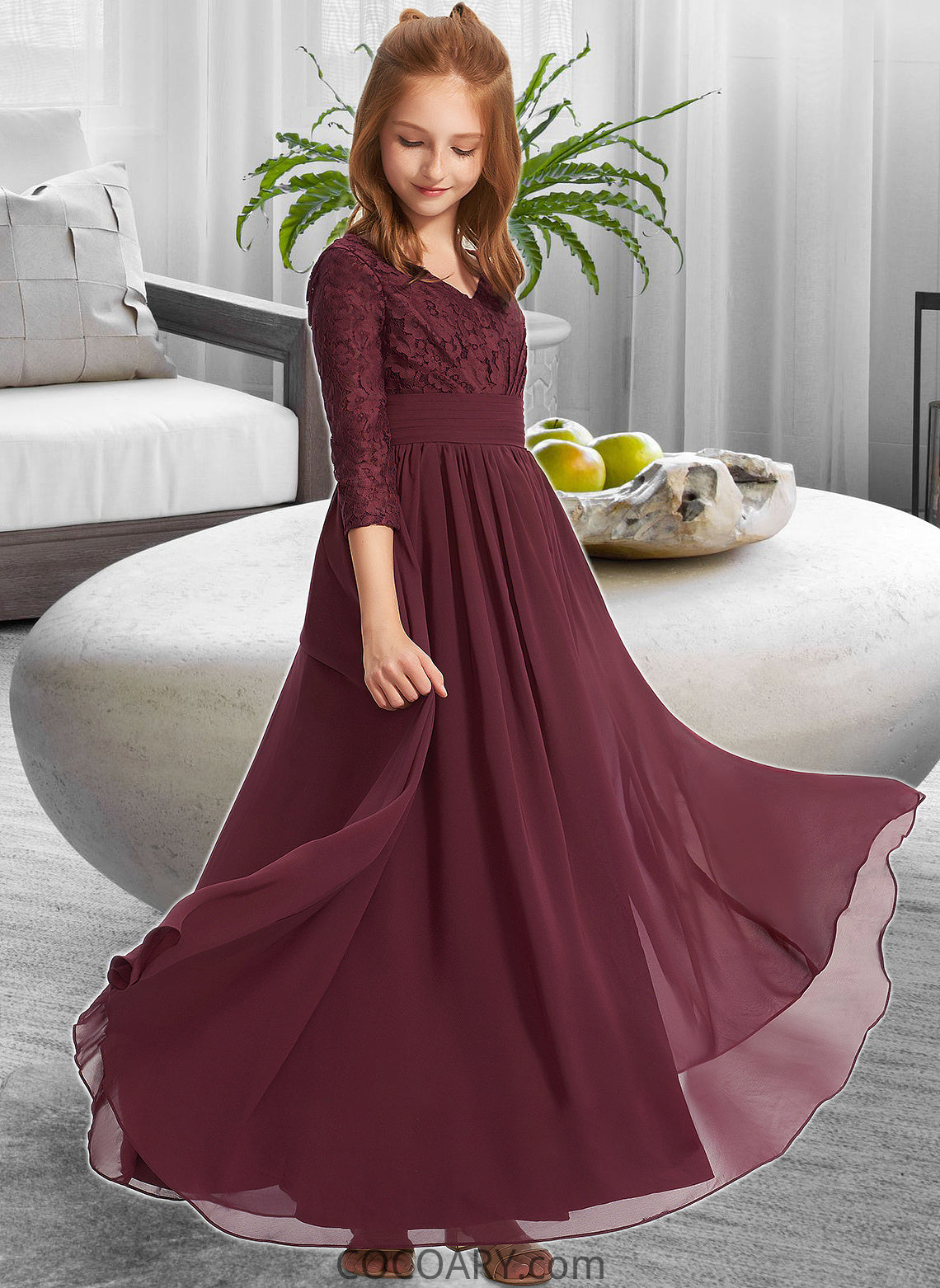 Ayana A-Line V-neck Floor-Length Chiffon Lace Junior Bridesmaid Dress DA8P0013652