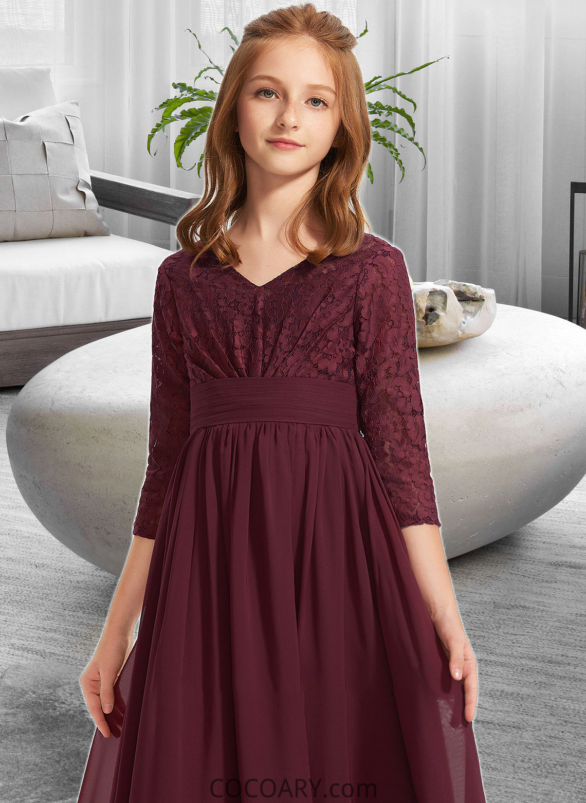 Ayana A-Line V-neck Floor-Length Chiffon Lace Junior Bridesmaid Dress DA8P0013652