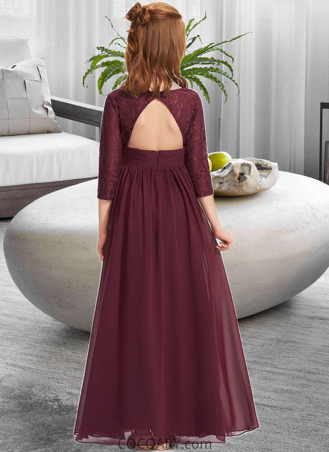 Ayana A-Line V-neck Floor-Length Chiffon Lace Junior Bridesmaid Dress DA8P0013652