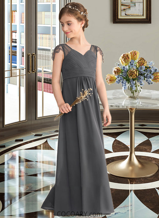 Helga A-Line V-neck Floor-Length Chiffon Junior Bridesmaid Dress With Ruffle Beading DA8P0013653