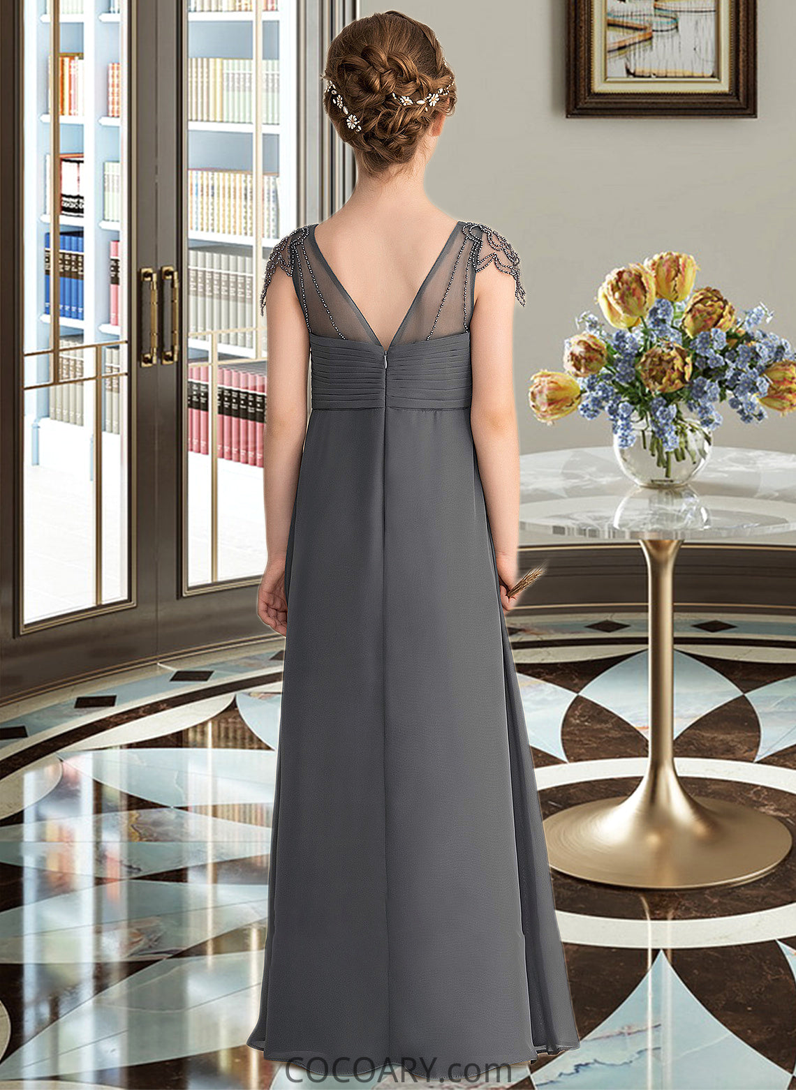 Helga A-Line V-neck Floor-Length Chiffon Junior Bridesmaid Dress With Ruffle Beading DA8P0013653