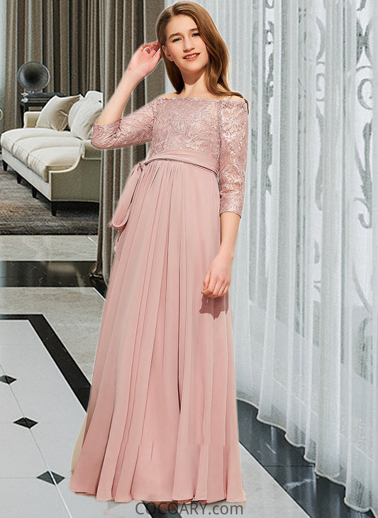 Faith A-Line Off-the-Shoulder Floor-Length Chiffon Lace Junior Bridesmaid Dress With Bow(s) DA8P0013658