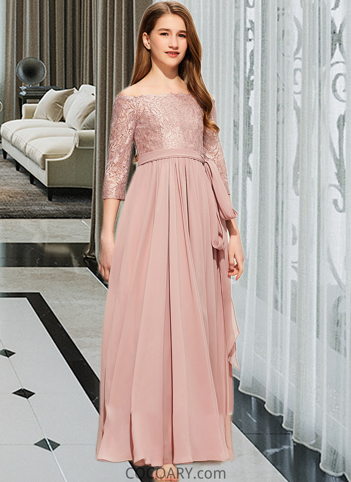 Faith A-Line Off-the-Shoulder Floor-Length Chiffon Lace Junior Bridesmaid Dress With Bow(s) DA8P0013658