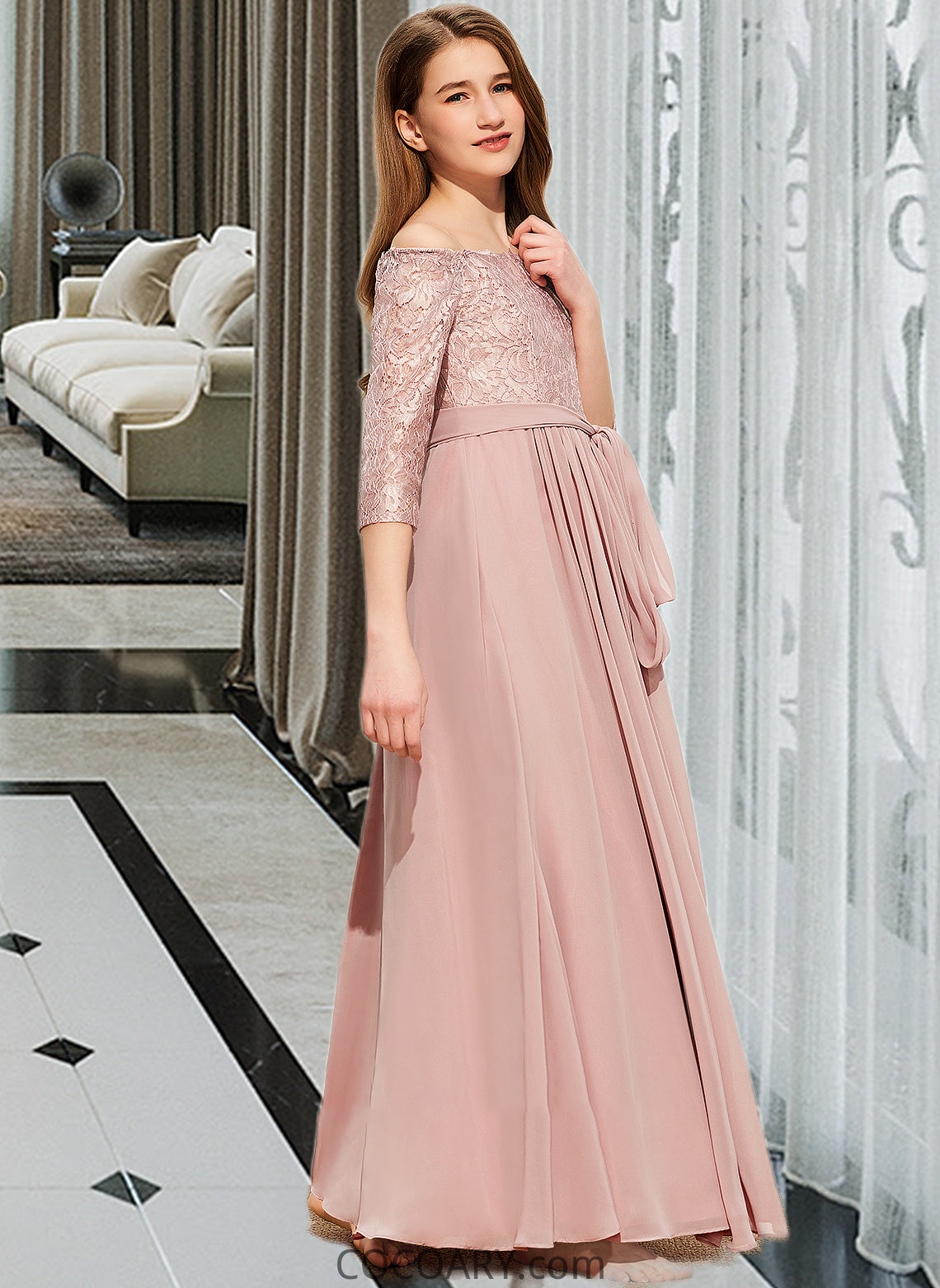 Faith A-Line Off-the-Shoulder Floor-Length Chiffon Lace Junior Bridesmaid Dress With Bow(s) DA8P0013658