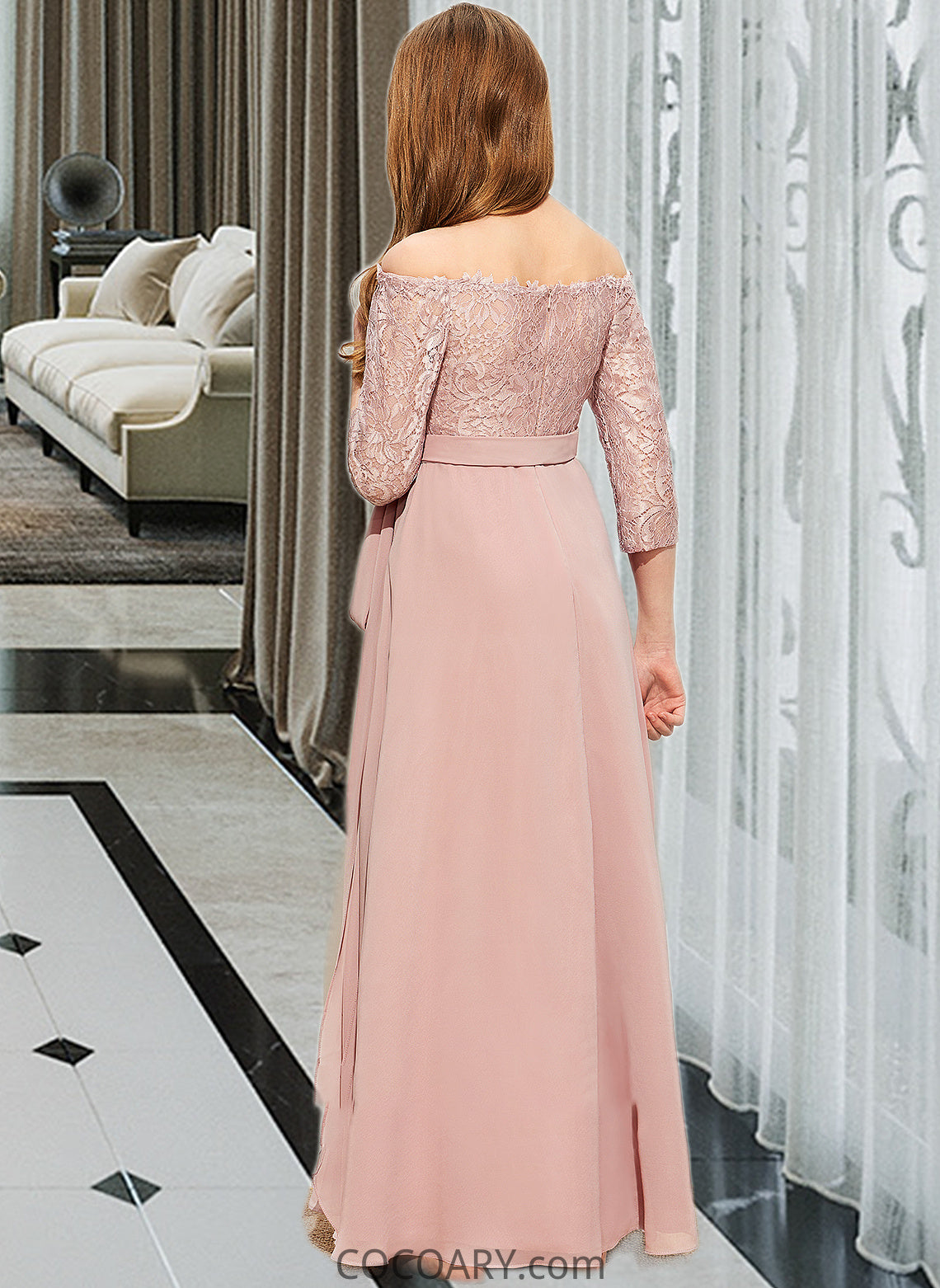 Faith A-Line Off-the-Shoulder Floor-Length Chiffon Lace Junior Bridesmaid Dress With Bow(s) DA8P0013658