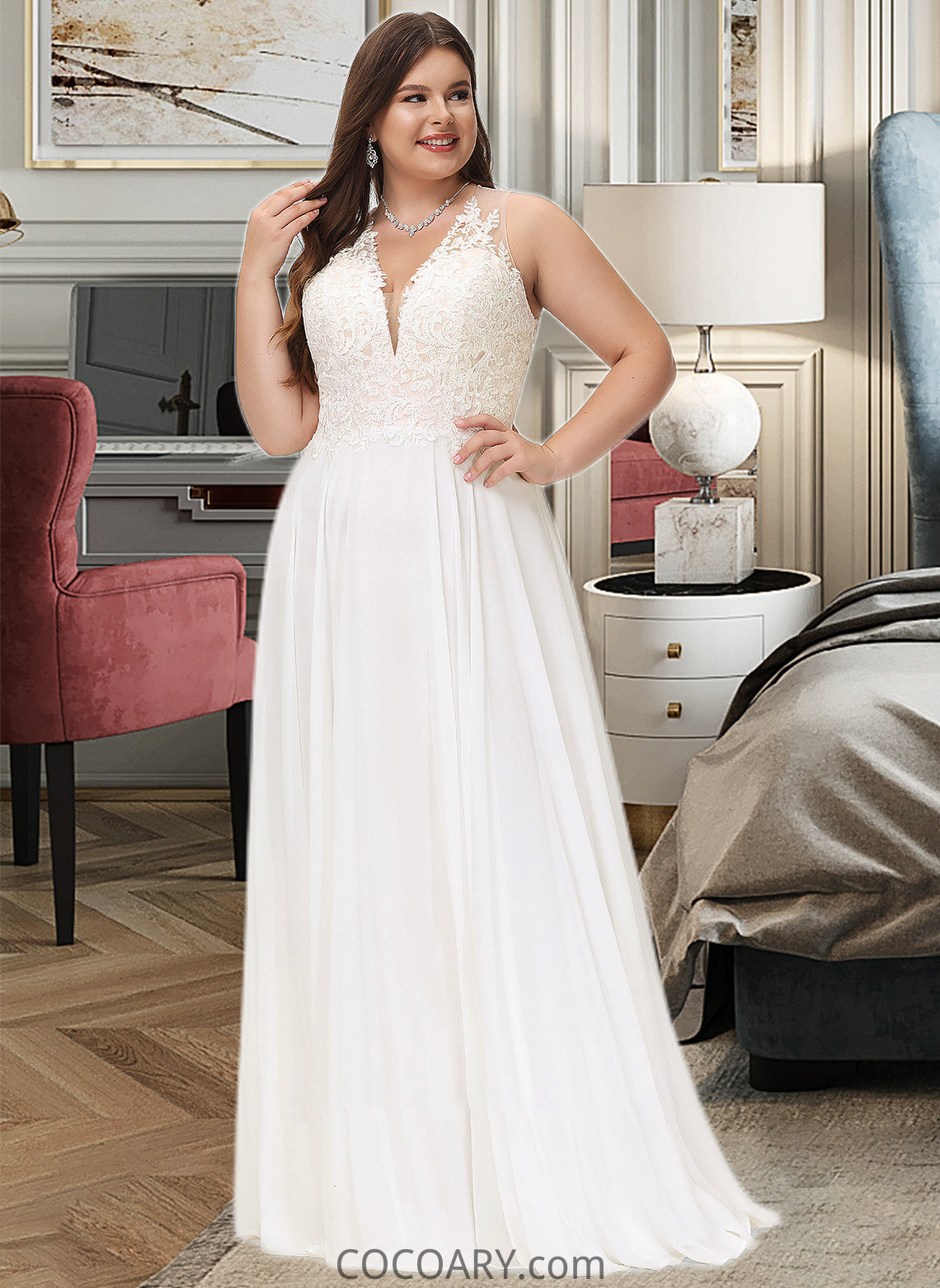 Martha A-Line V-neck Sweep Train Chiffon Lace Wedding Dress With Lace DA8P0013677