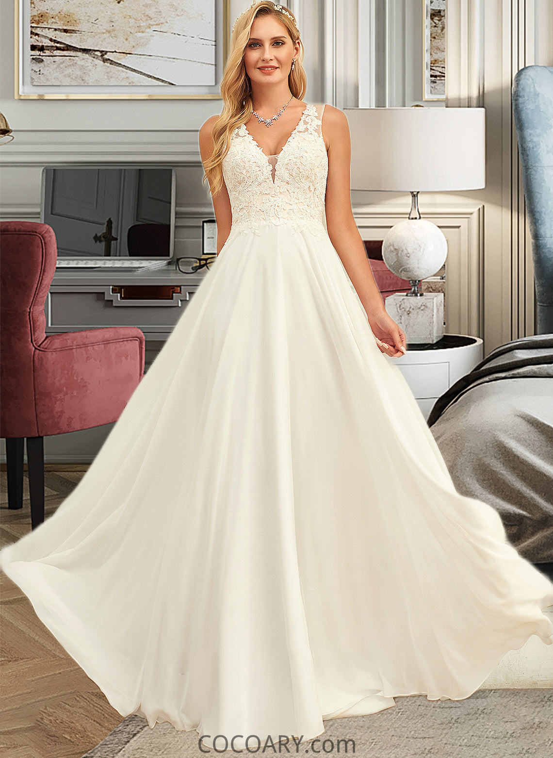 Martha A-Line V-neck Sweep Train Chiffon Lace Wedding Dress With Lace DA8P0013677