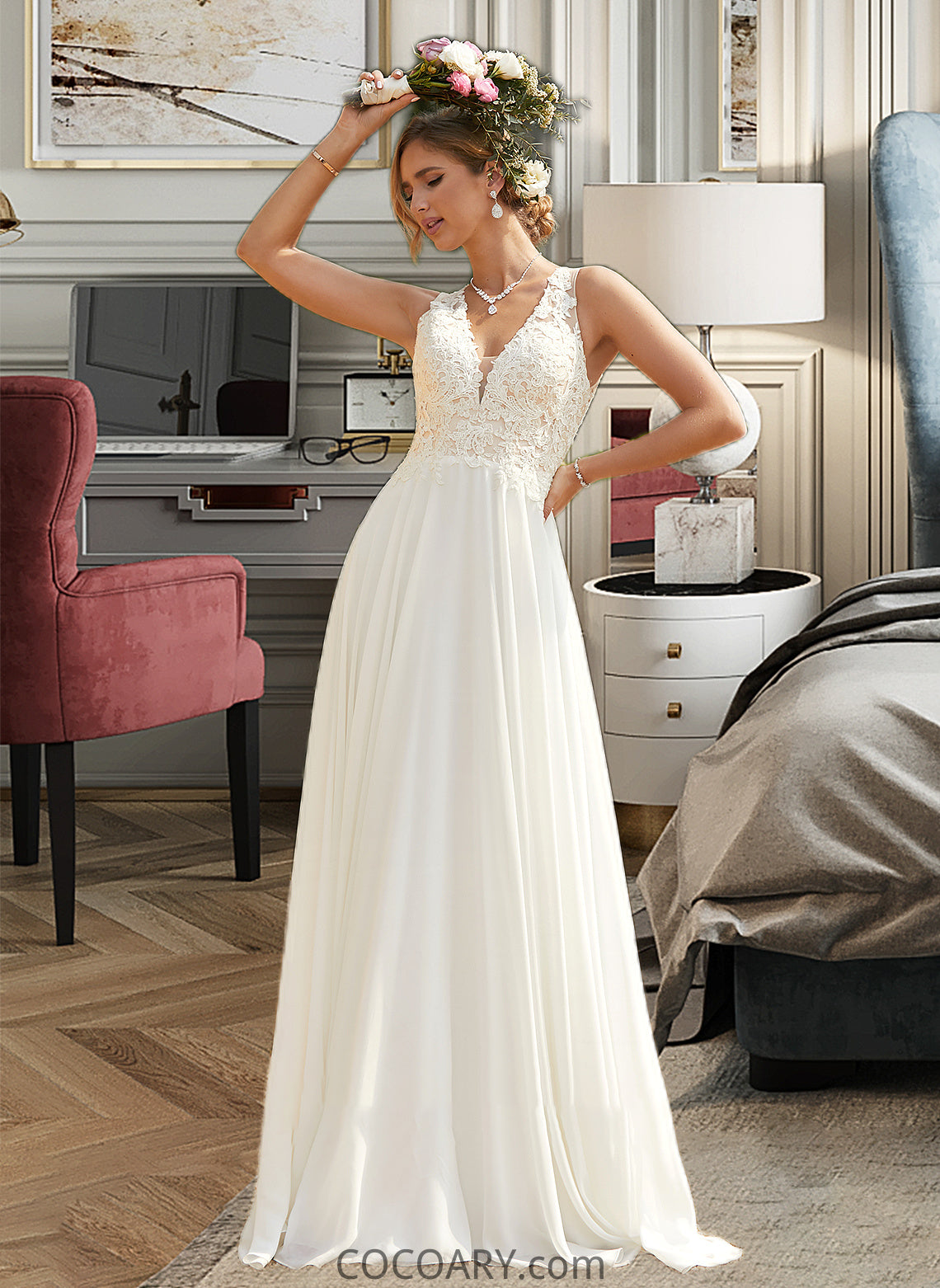 Martha A-Line V-neck Sweep Train Chiffon Lace Wedding Dress With Lace DA8P0013677