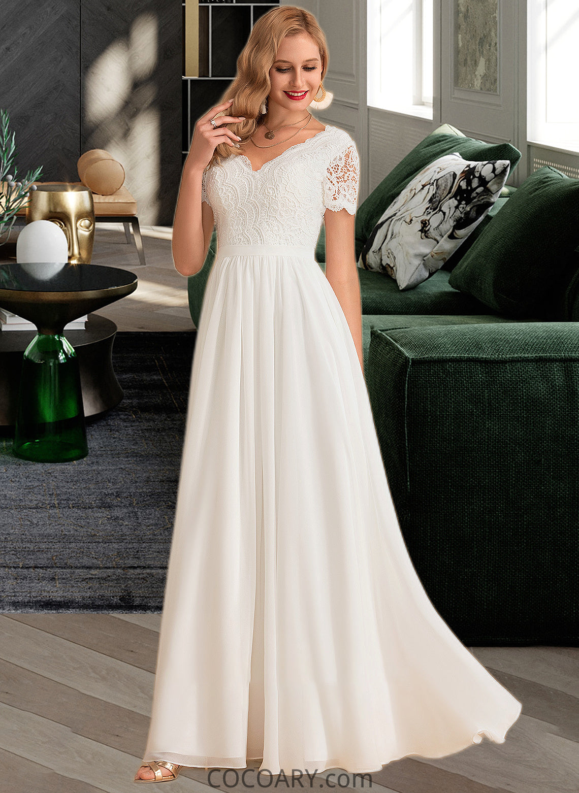 Yazmin A-Line V-neck Floor-Length Chiffon Lace Wedding Dress DA8P0013678