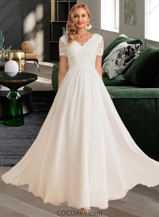 Yazmin A-Line V-neck Floor-Length Chiffon Lace Wedding Dress DA8P0013678