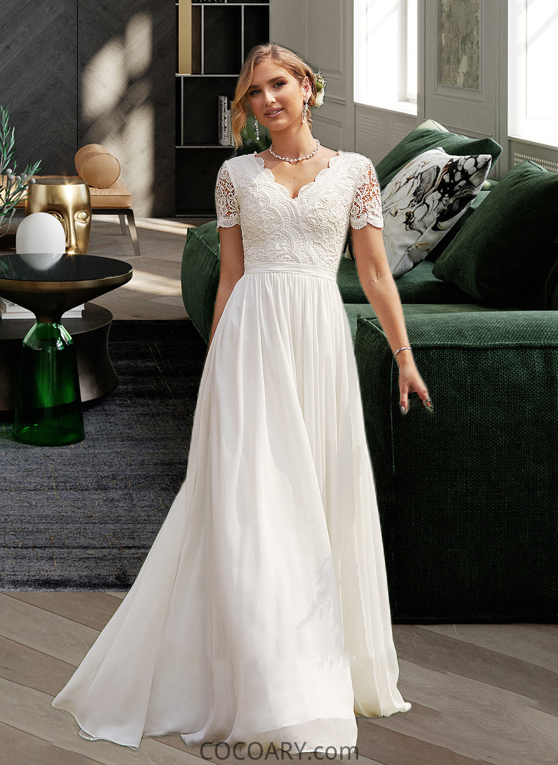 Yazmin A-Line V-neck Floor-Length Chiffon Lace Wedding Dress DA8P0013678