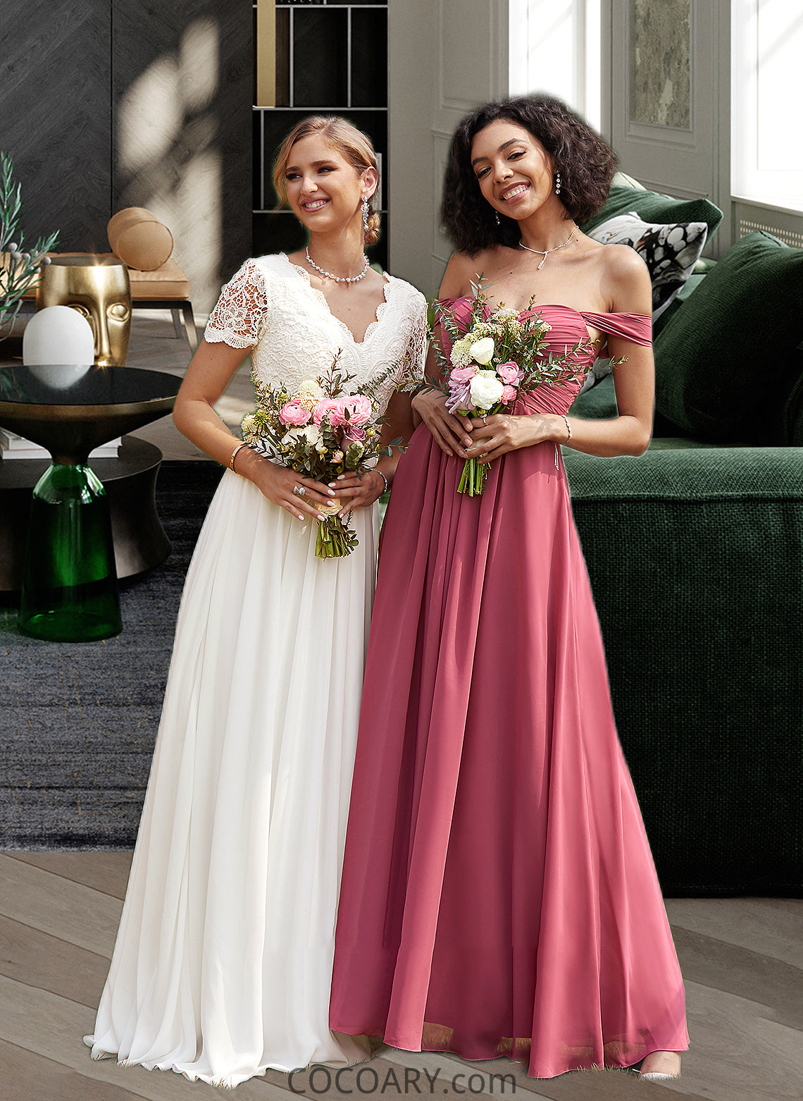 Yazmin A-Line V-neck Floor-Length Chiffon Lace Wedding Dress DA8P0013678