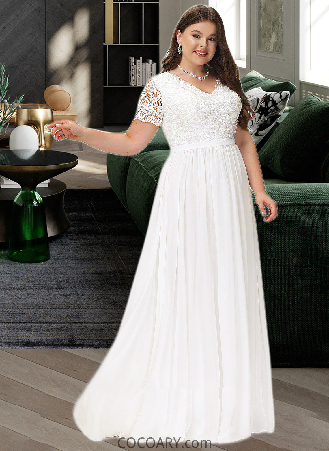 Yazmin A-Line V-neck Floor-Length Chiffon Lace Wedding Dress DA8P0013678