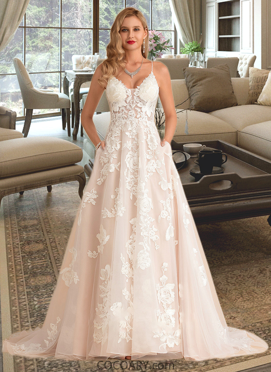 Madisyn Ball-Gown/Princess V-neck Court Train Tulle Lace Wedding Dress With Beading Pockets DA8P0013679