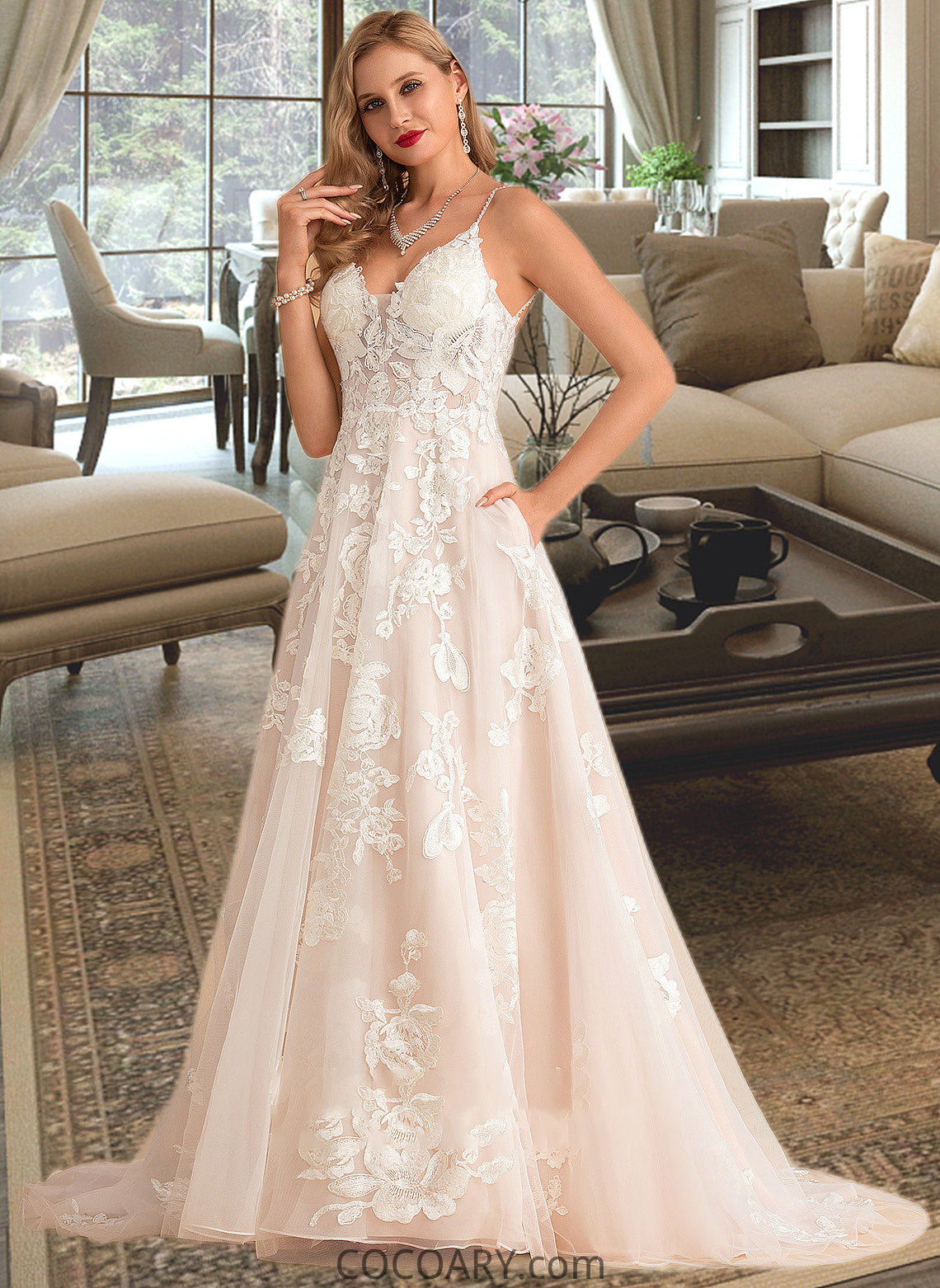 Madisyn Ball-Gown/Princess V-neck Court Train Tulle Lace Wedding Dress With Beading Pockets DA8P0013679