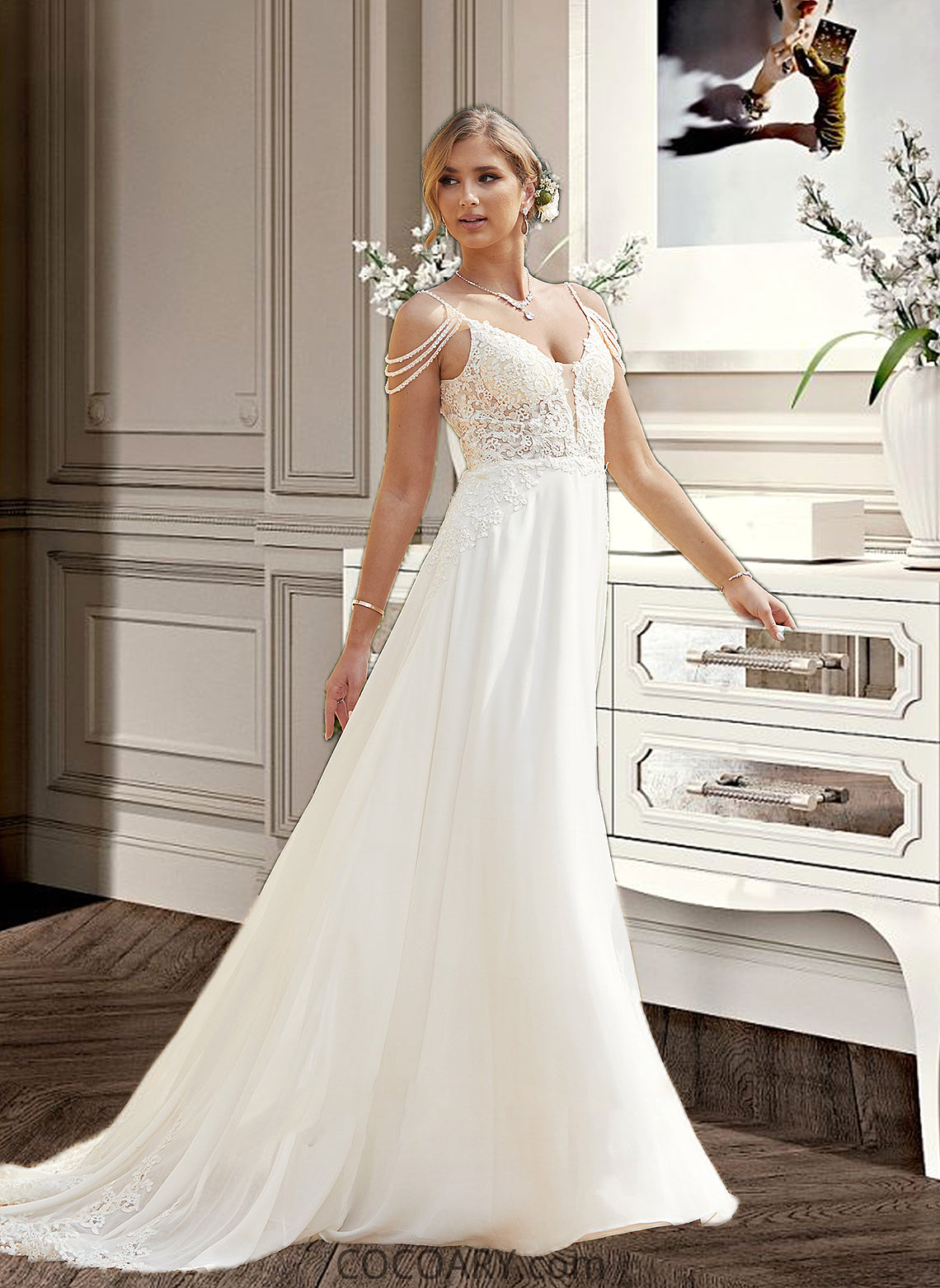 Alaina A-Line V-neck Sweep Train Chiffon Lace Wedding Dress With Beading Sequins DA8P0013681