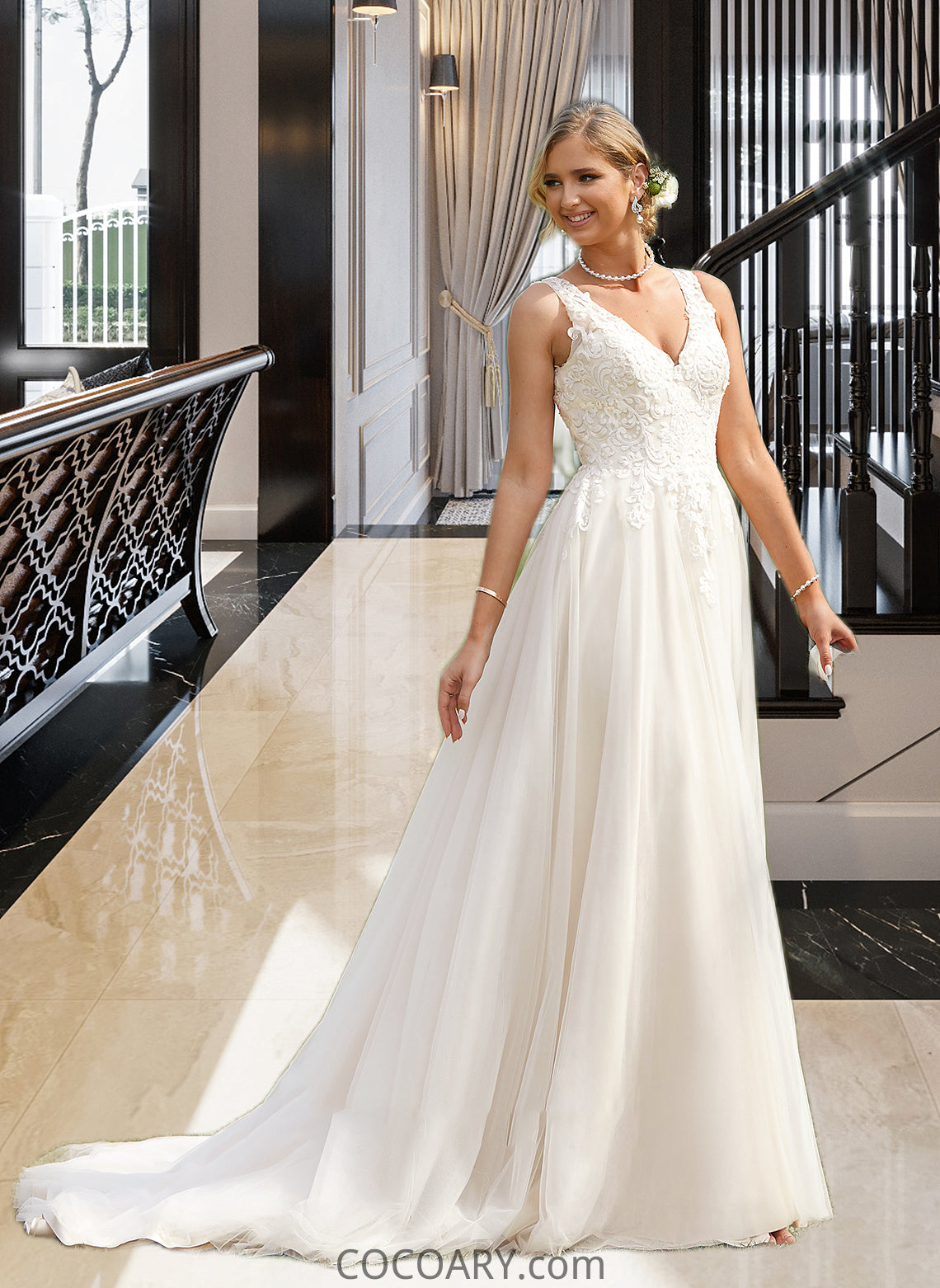 Alula Ball-Gown/Princess V-neck Court Train Tulle Wedding Dress DA8P0013682