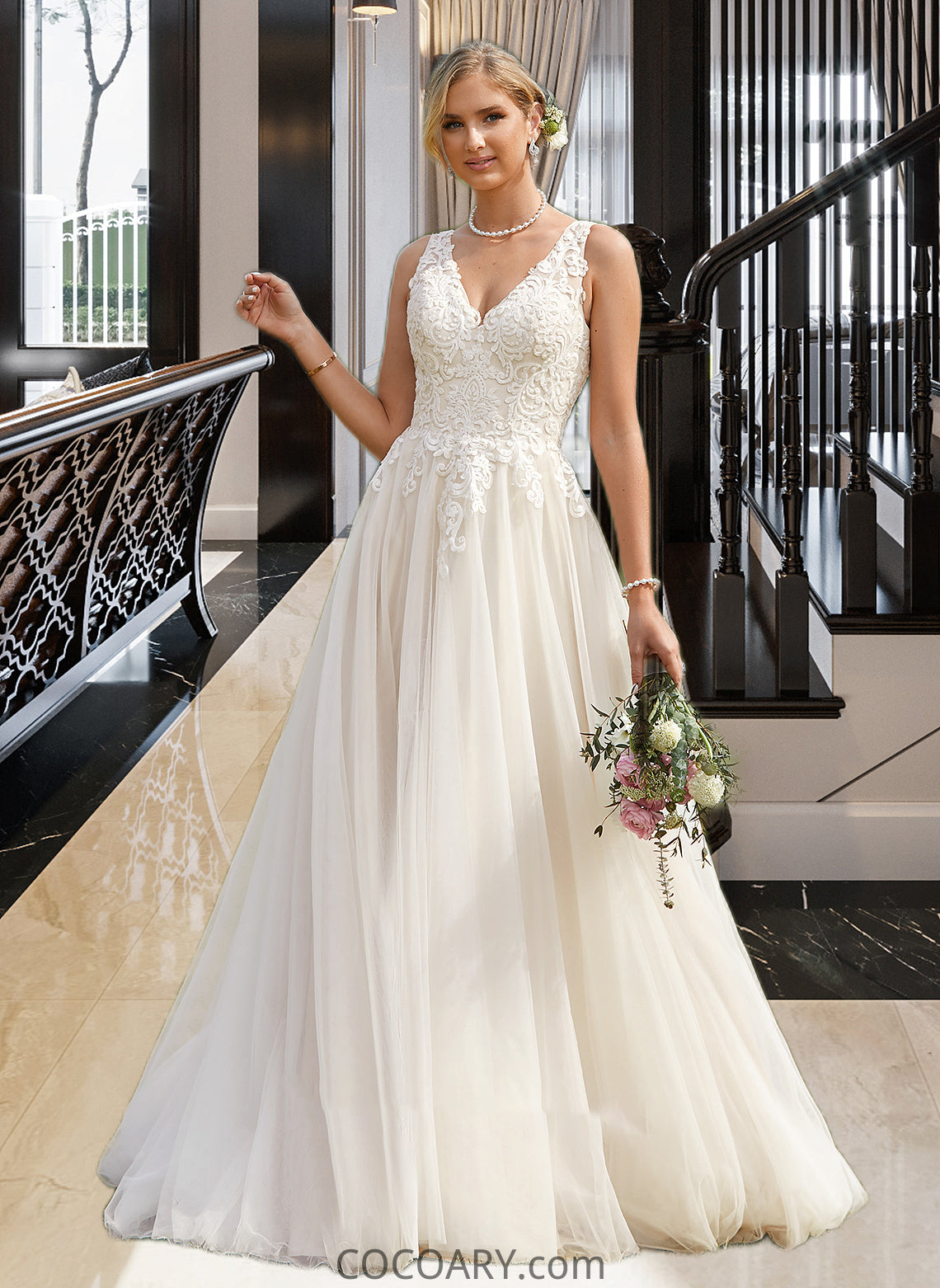 Alula Ball-Gown/Princess V-neck Court Train Tulle Wedding Dress DA8P0013682