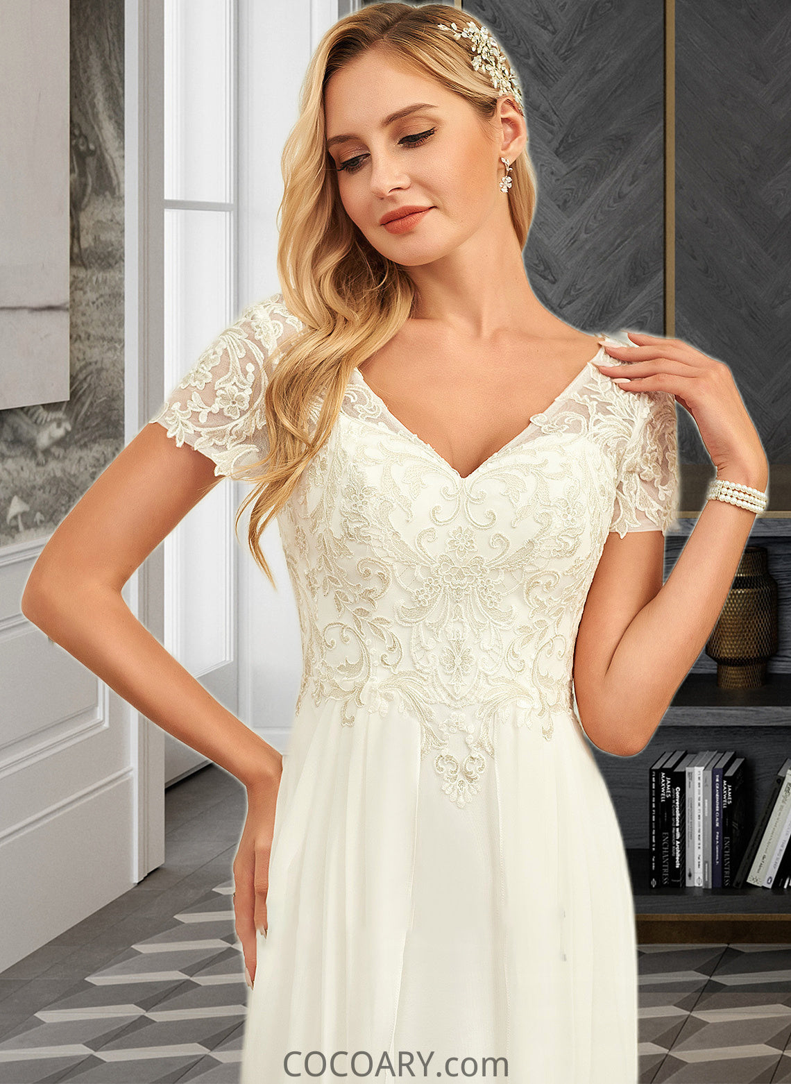 Abagail A-Line V-neck Floor-Length Chiffon Lace Wedding Dress With Lace DA8P0013691