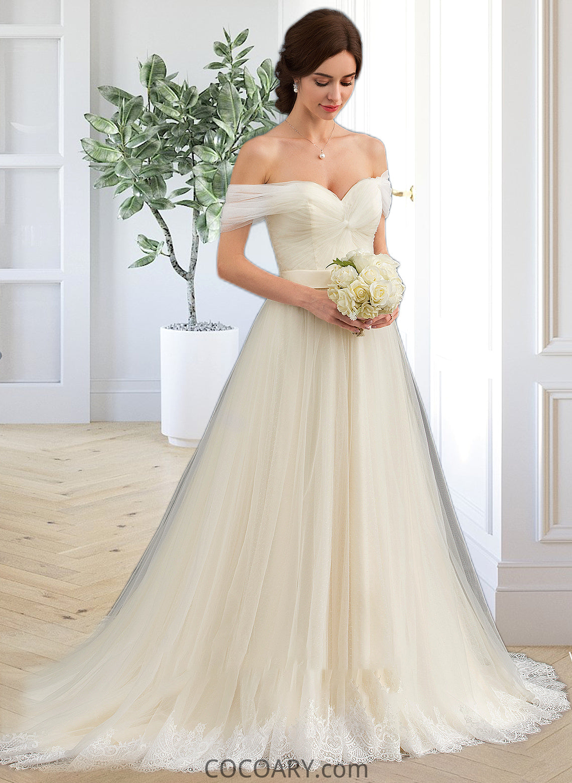 Adalynn Ball-Gown/Princess Off-the-Shoulder Court Train Tulle Lace Wedding Dress With Ruffle DA8P0013692