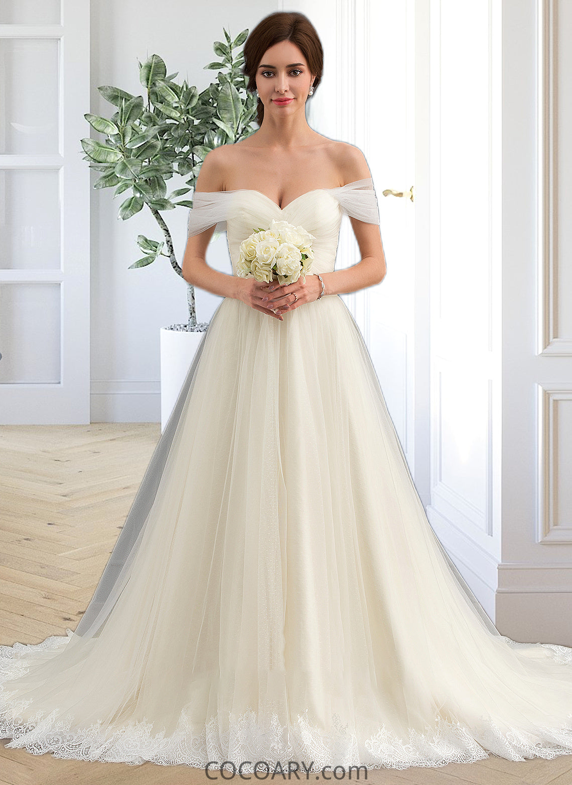 Adalynn Ball-Gown/Princess Off-the-Shoulder Court Train Tulle Lace Wedding Dress With Ruffle DA8P0013692